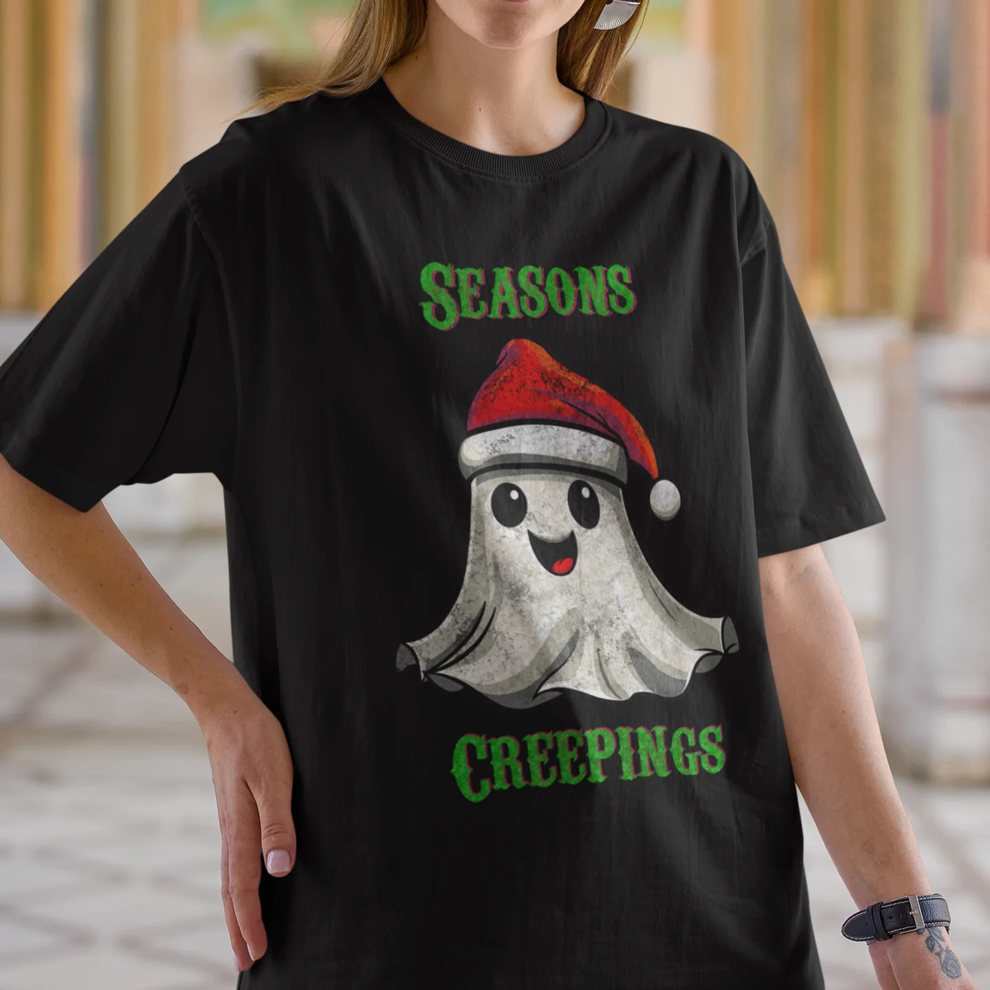 Holiday Christmas Spirit Ghost Black Tee Shirt - Image 3