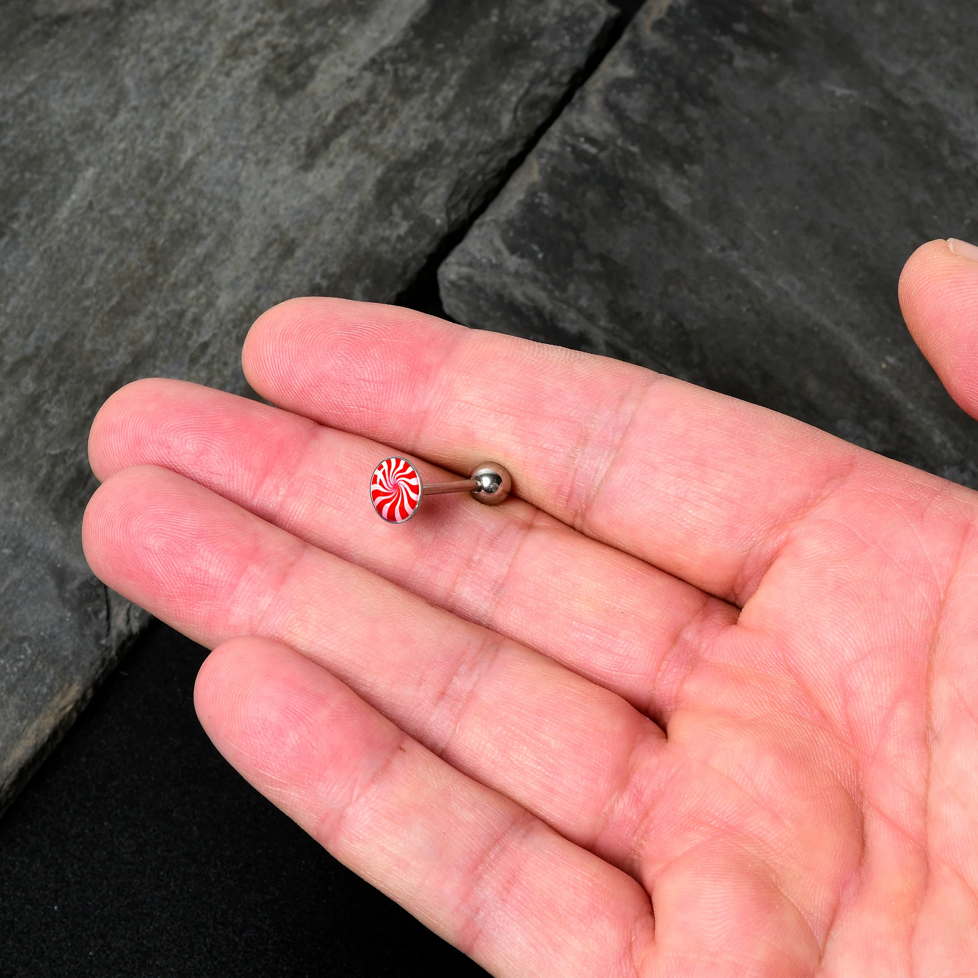 Holiday Peppermint Candy Barbell Tongue Ring - Image 3