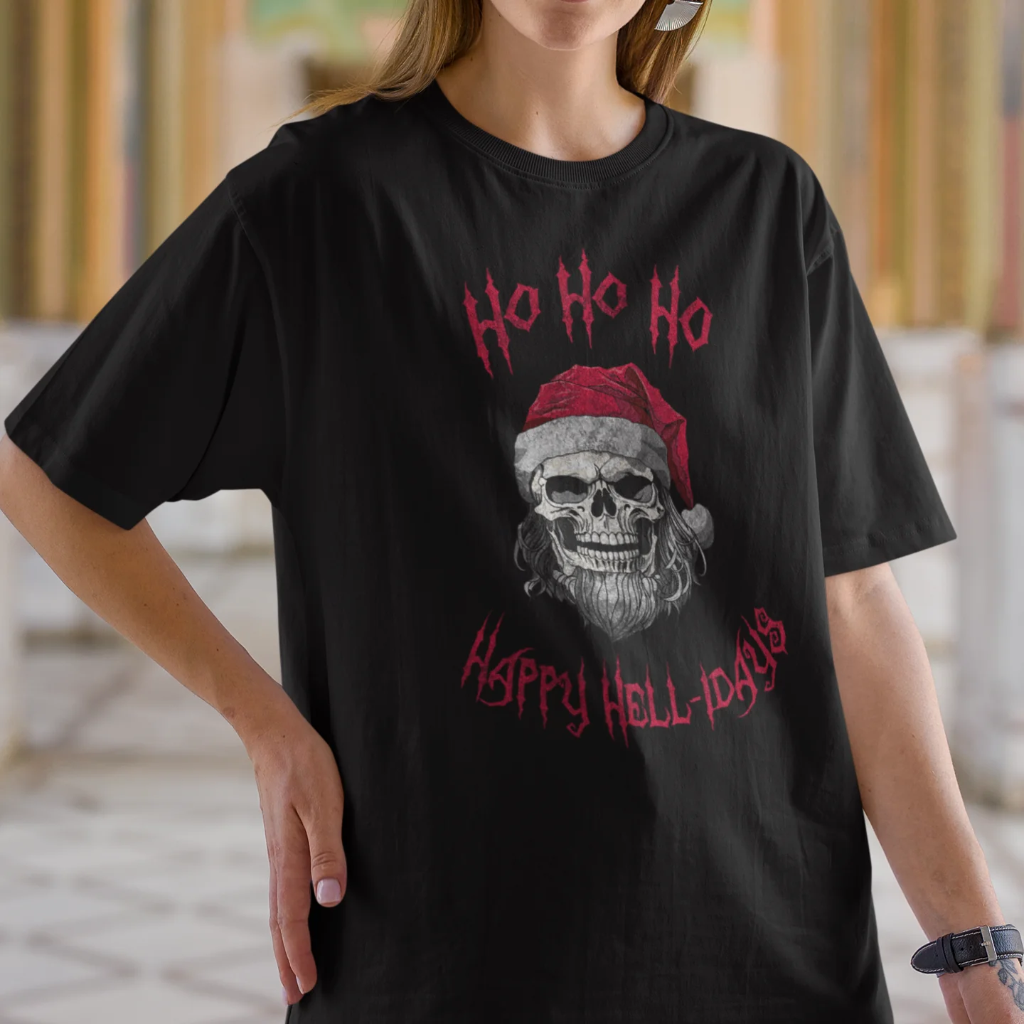 Holiday Skeleton Santa Claus Black Tee Shirt - Image 3