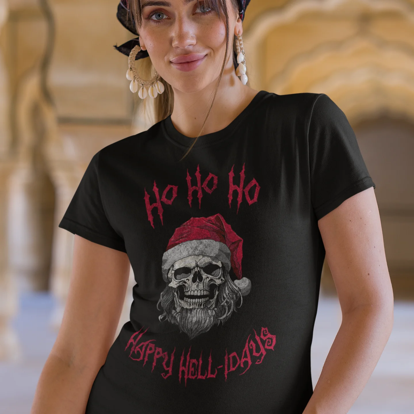 Holiday Skeleton Santa Claus Black Tee Shirt - Image 4