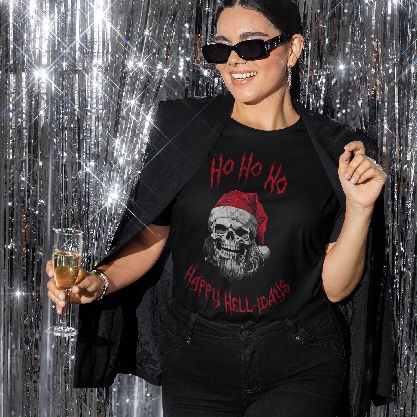 Holiday Skeleton Santa Claus Black Tee Shirt - Image 5