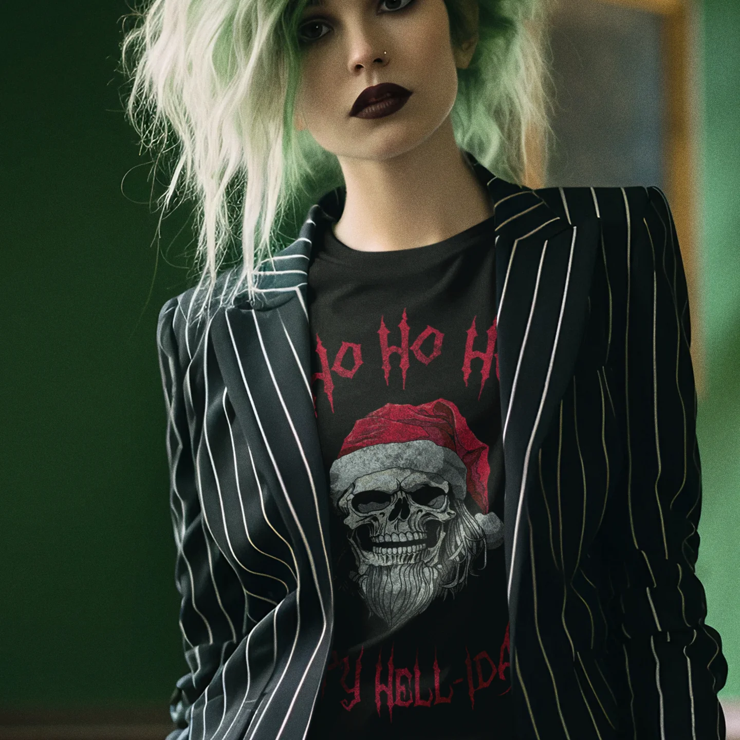 Holiday Skeleton Santa Claus Black Tee Shirt - Image 6