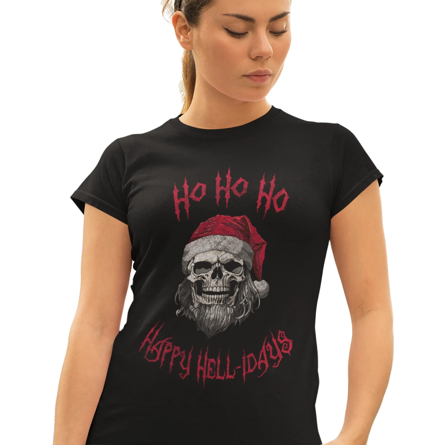 Holiday Skeleton Santa Claus Black Tee Shirt - Image 7