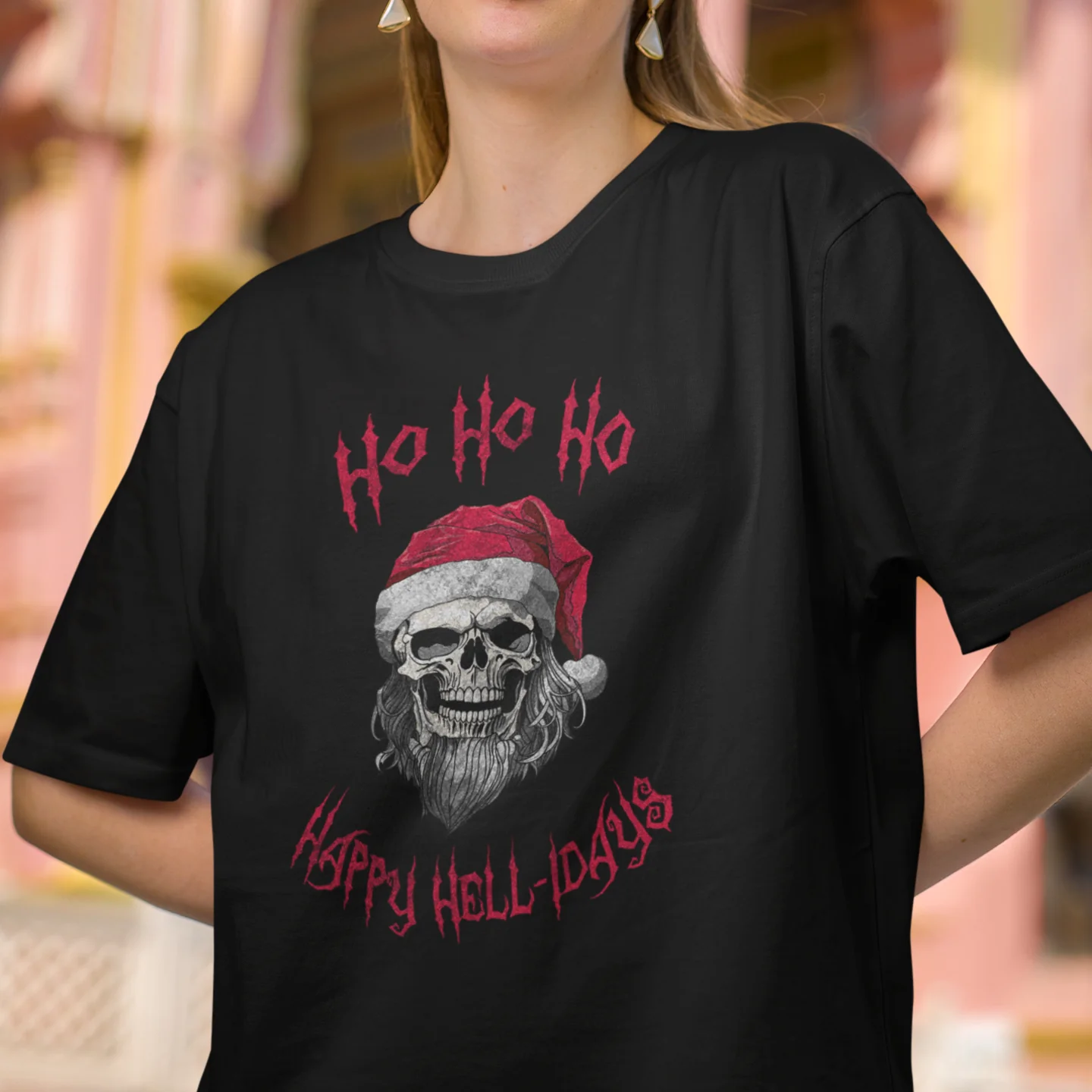 Holiday Skeleton Santa Claus Black Tee Shirt - Image 8