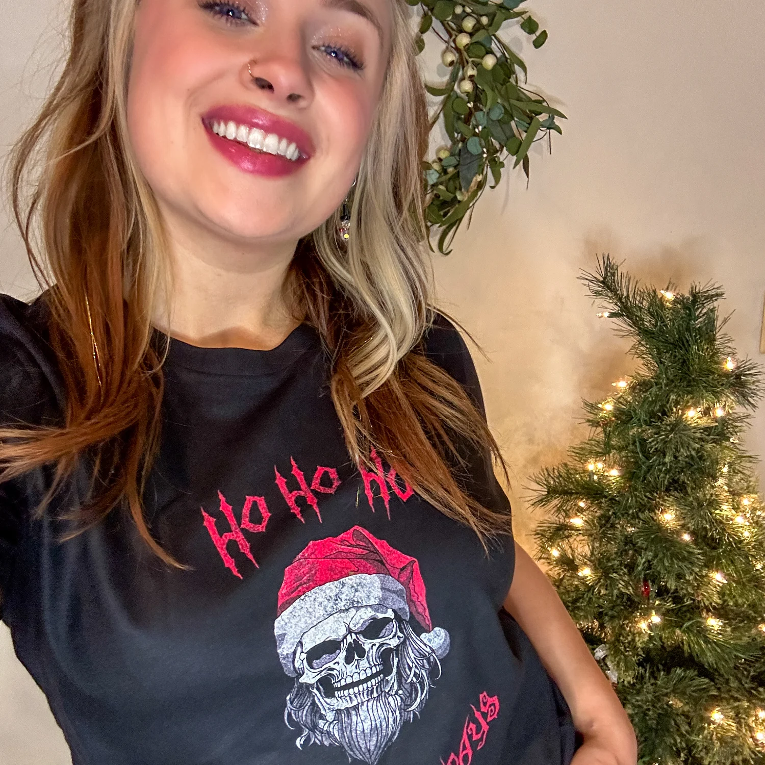 Holiday Skeleton Santa Claus Black Tee Shirt - Image 9