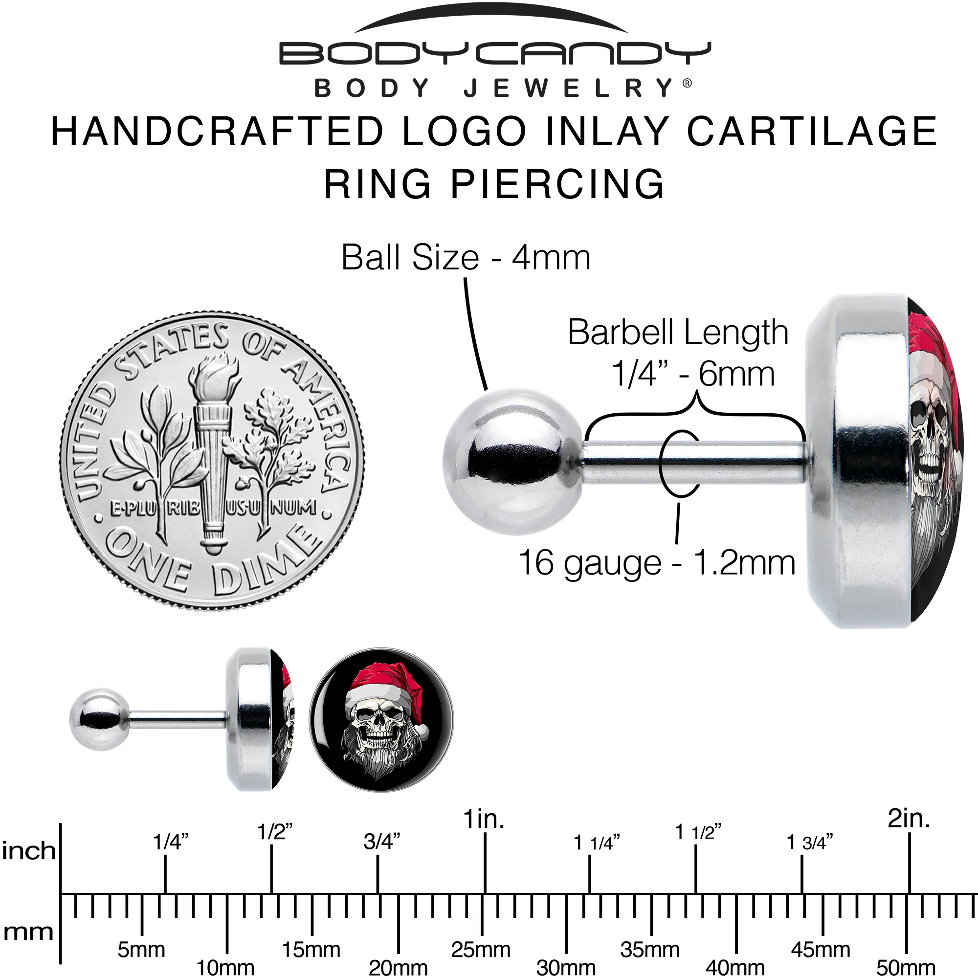 16G 1/4 Holiday Skeleton Santa Claus Tragus Cartilage Earring by Onyx O - Image 5