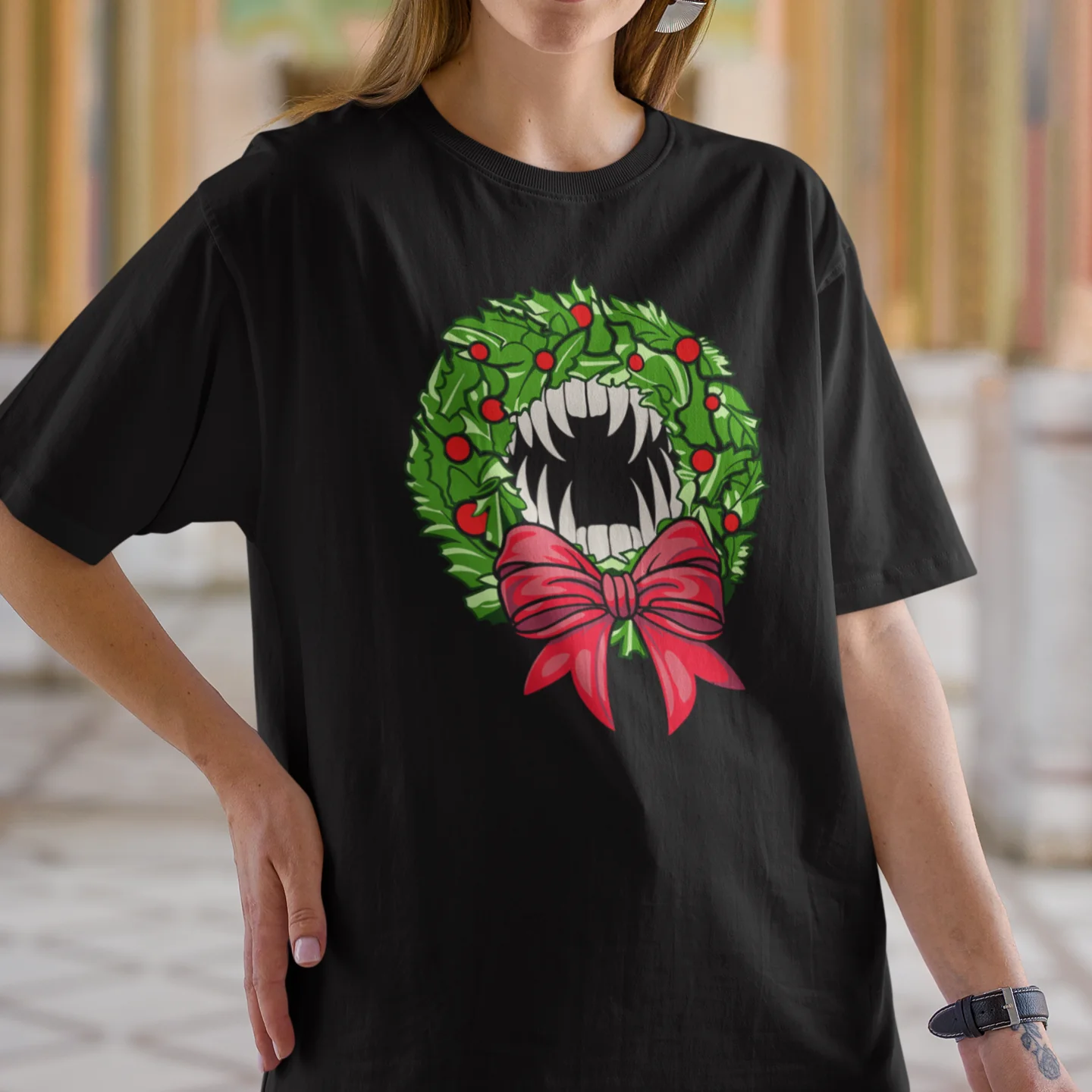Holiday Vampire Wreath Black Tee Shirt - Image 3