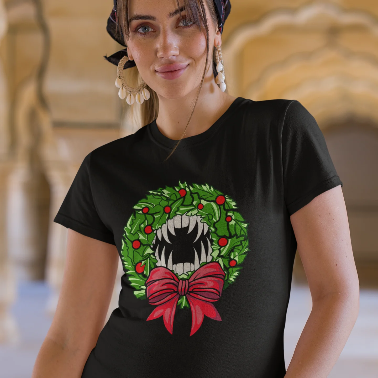 Holiday Vampire Wreath Black Tee Shirt - Image 4