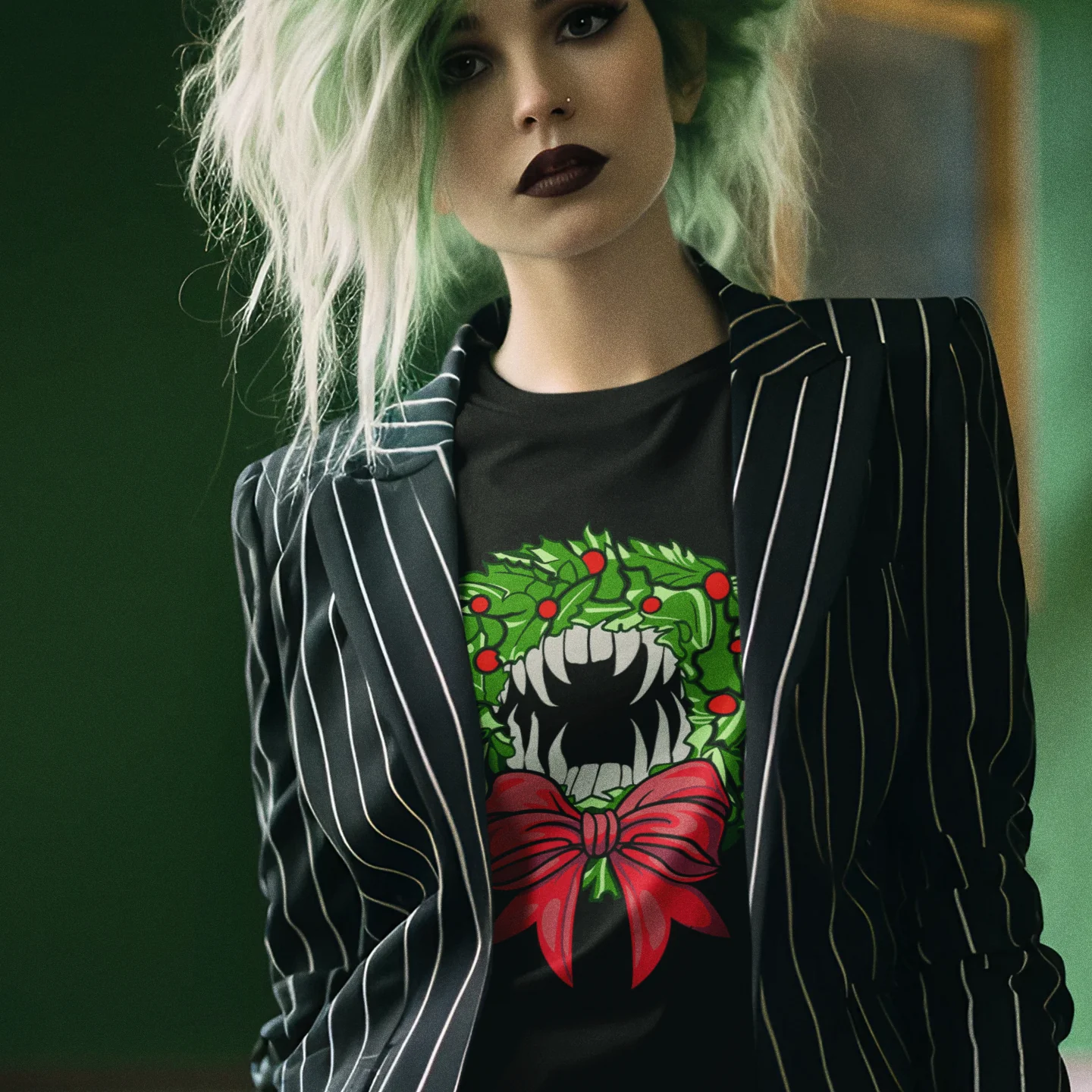 Holiday Vampire Wreath Black Tee Shirt - Image 5