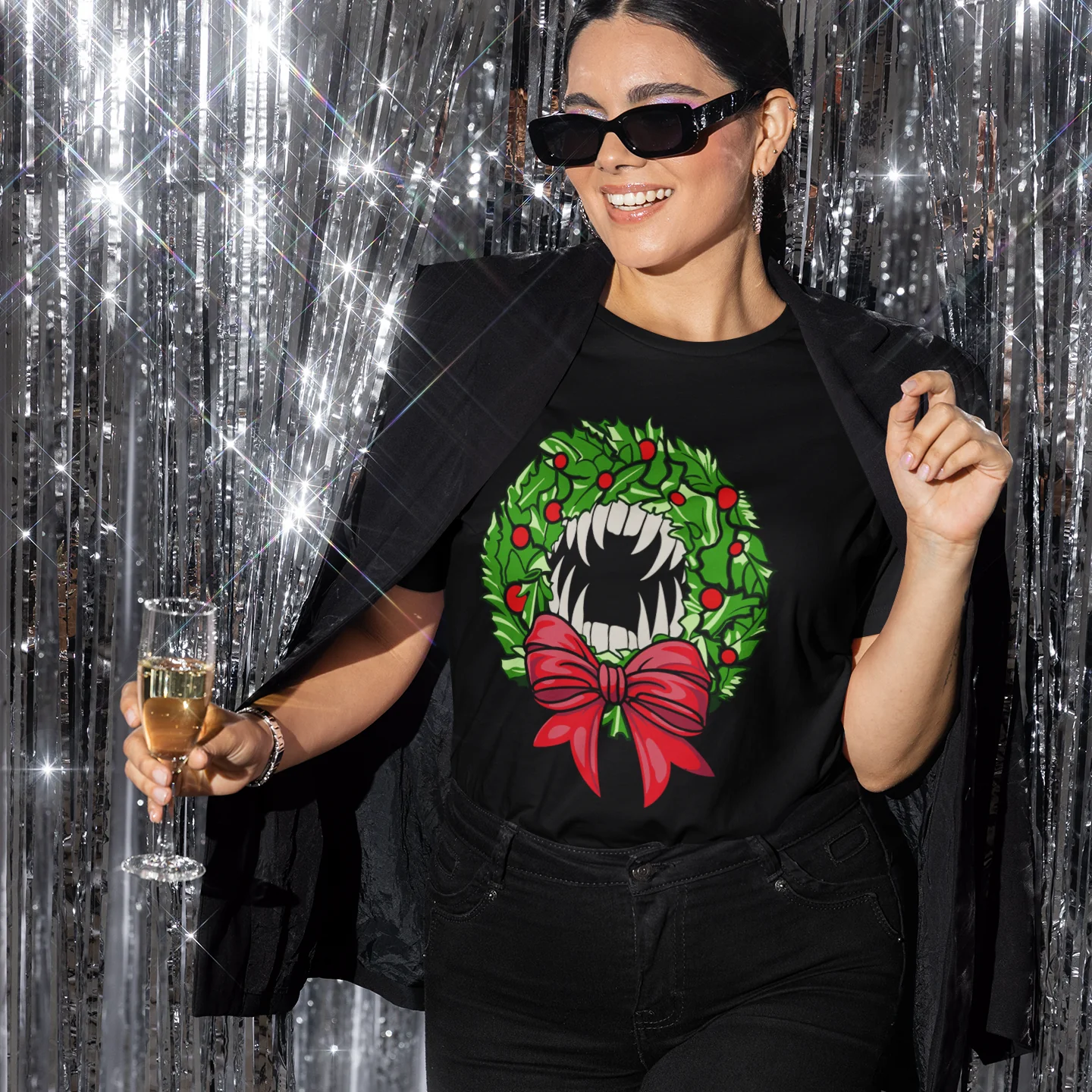 Holiday Vampire Wreath Black Tee Shirt - Image 6