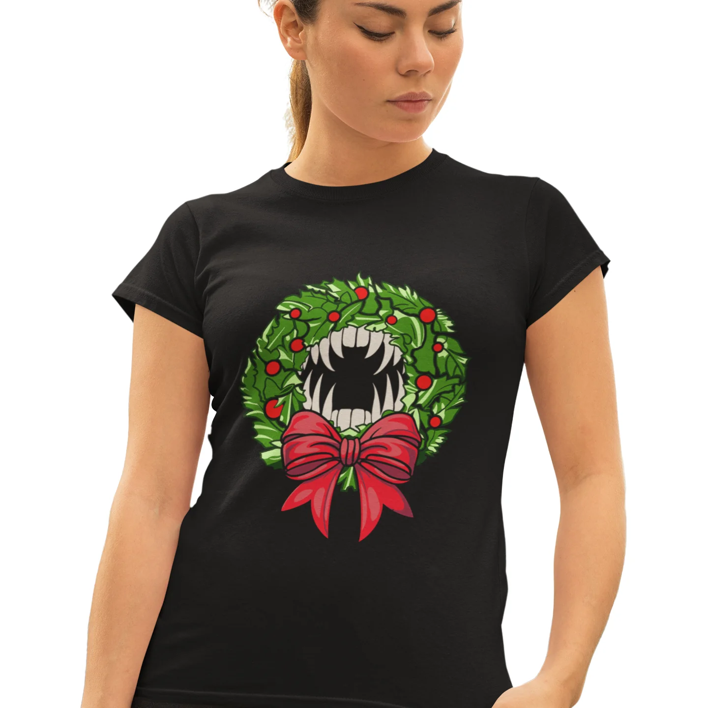 Holiday Vampire Wreath Black Tee Shirt - Image 7