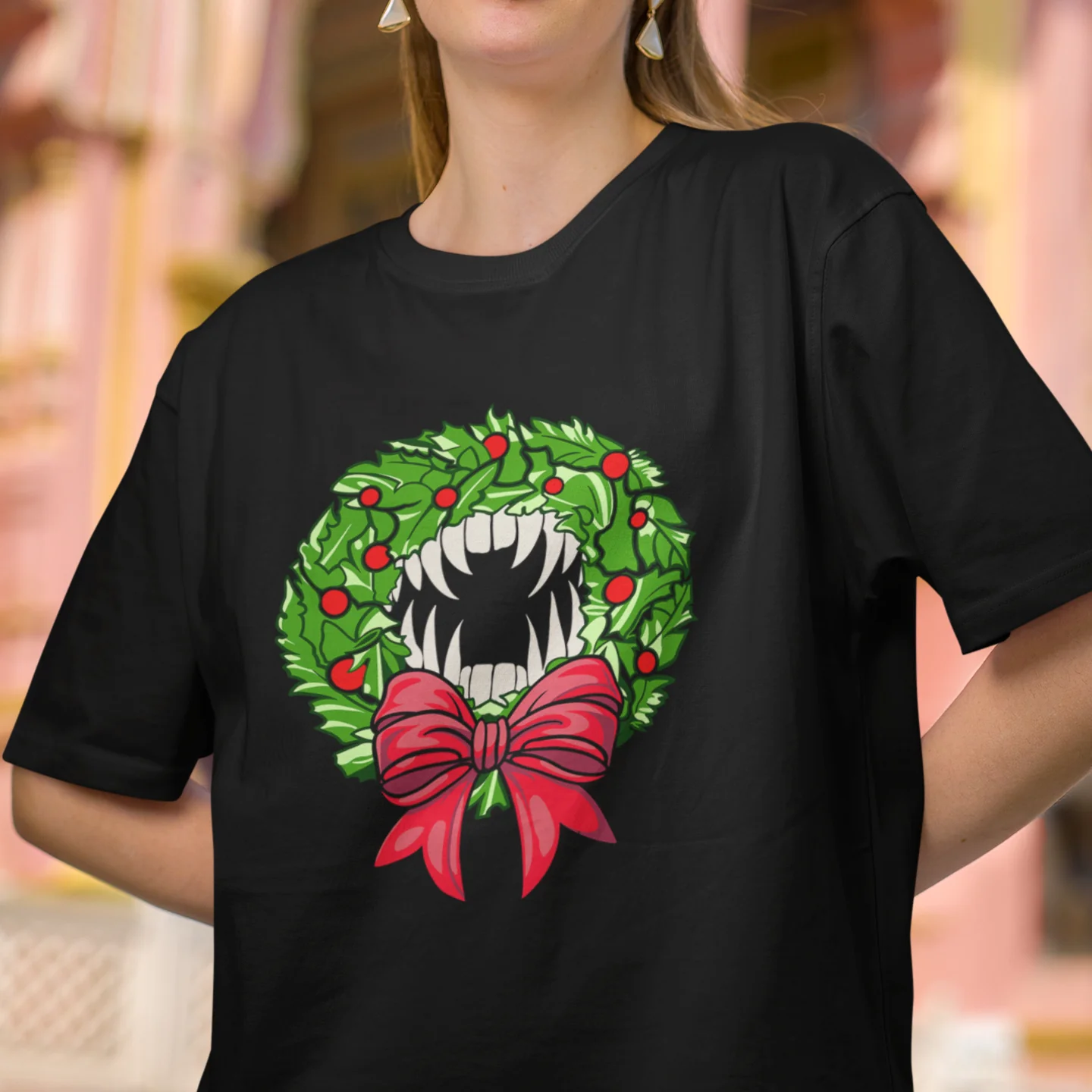 Holiday Vampire Wreath Black Tee Shirt - Image 8