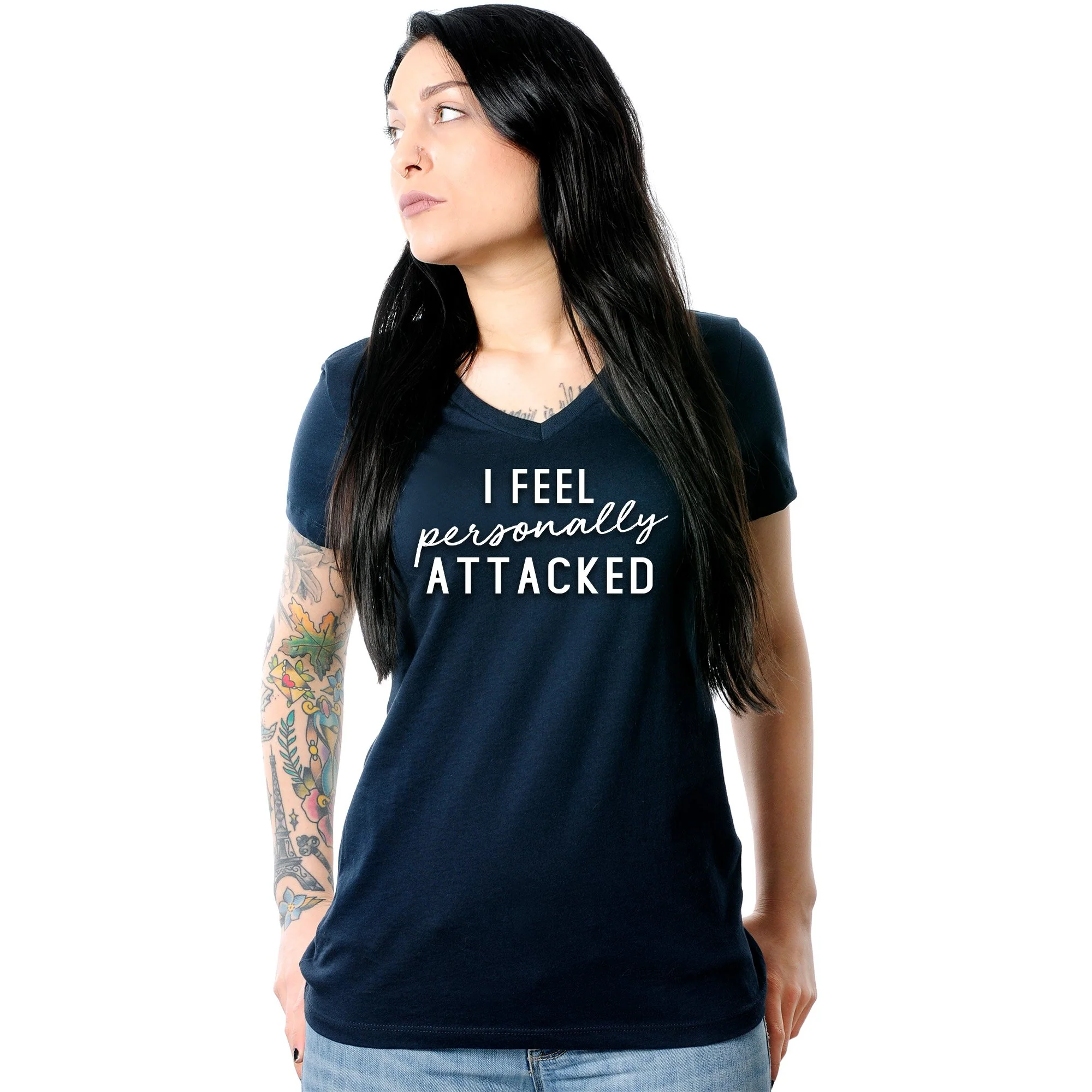 I feel personally attacked Black Tapered V-Neck Tee Shirt - Image 8