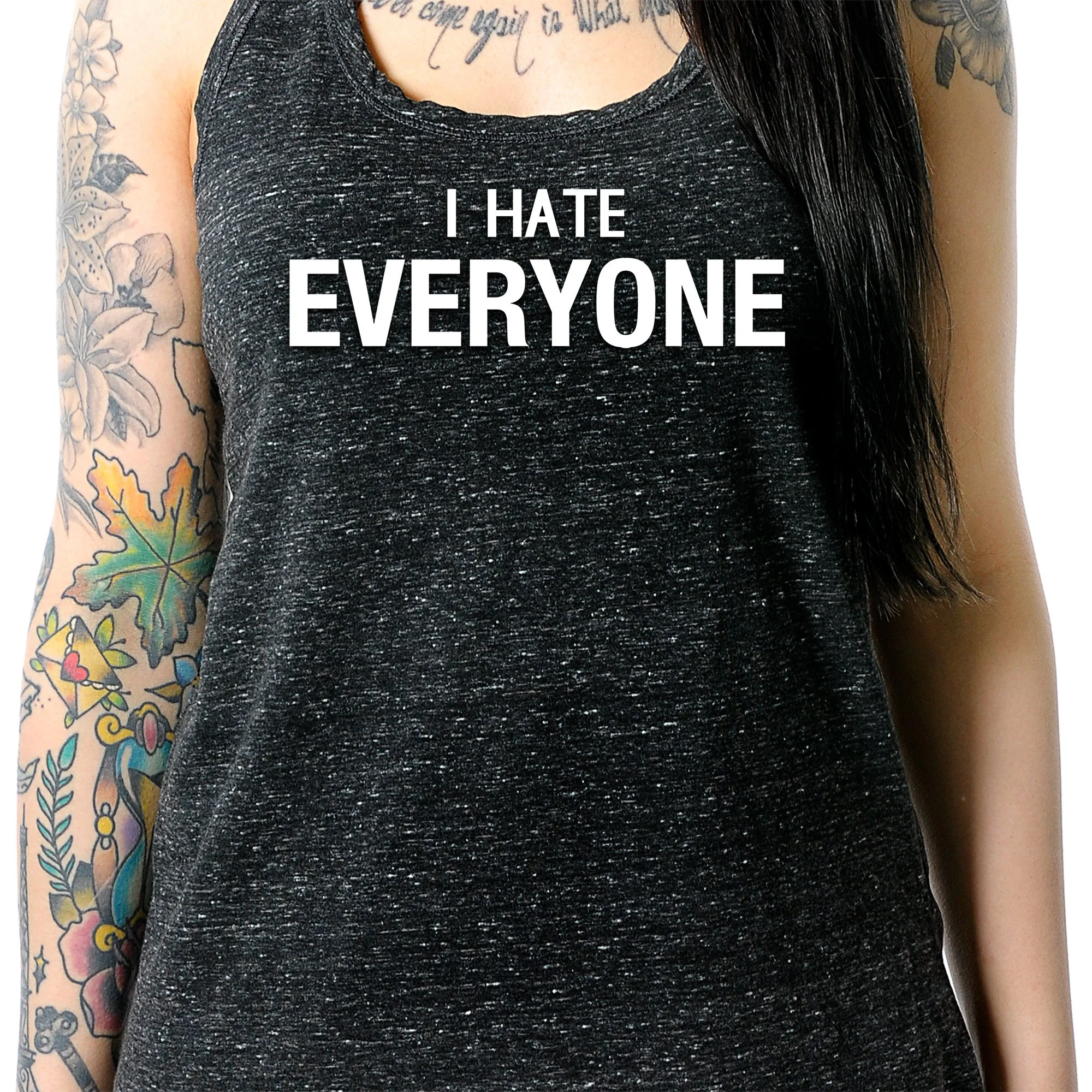 I hate everyone Black Gray Cosmic Twist Back Tank Top - Image 3