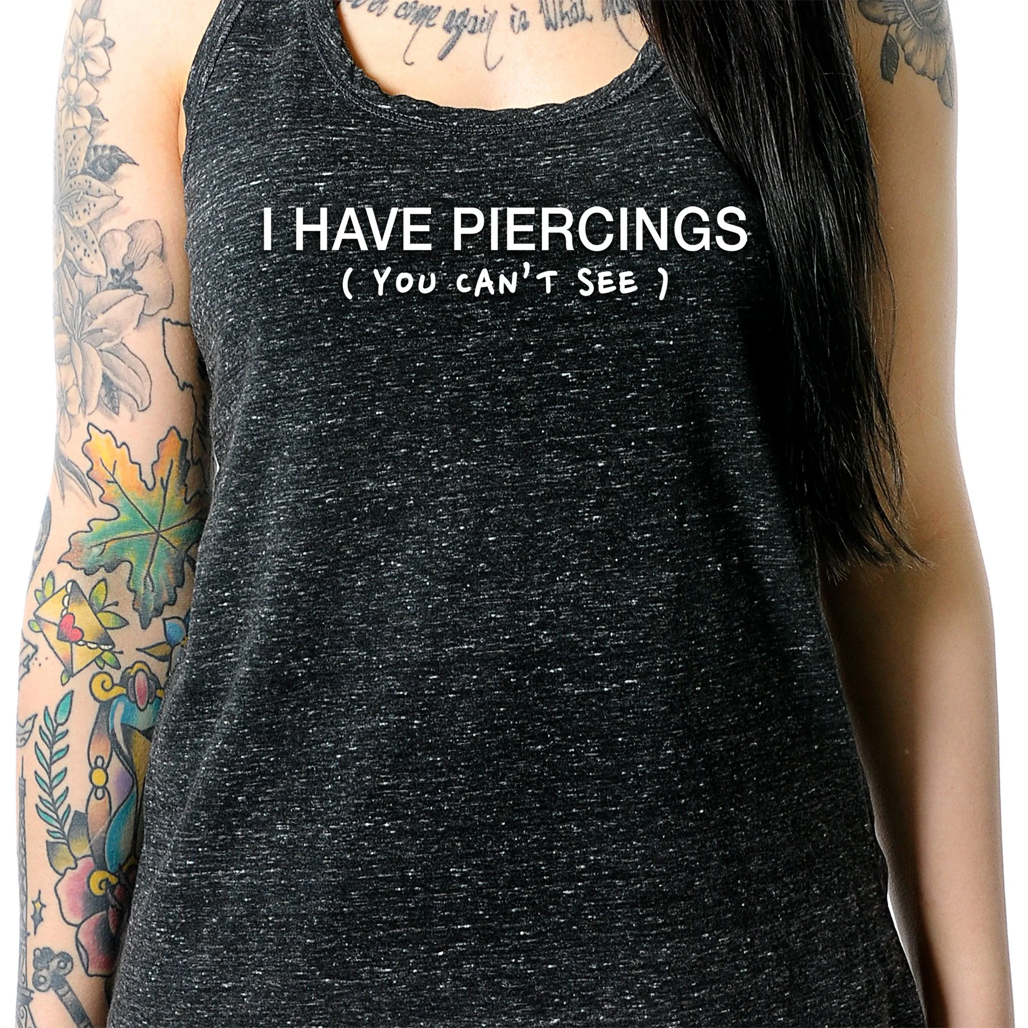 I Have Piercings You Can't See Black Gray Cosmic Twist Back Tank Top - Image 3