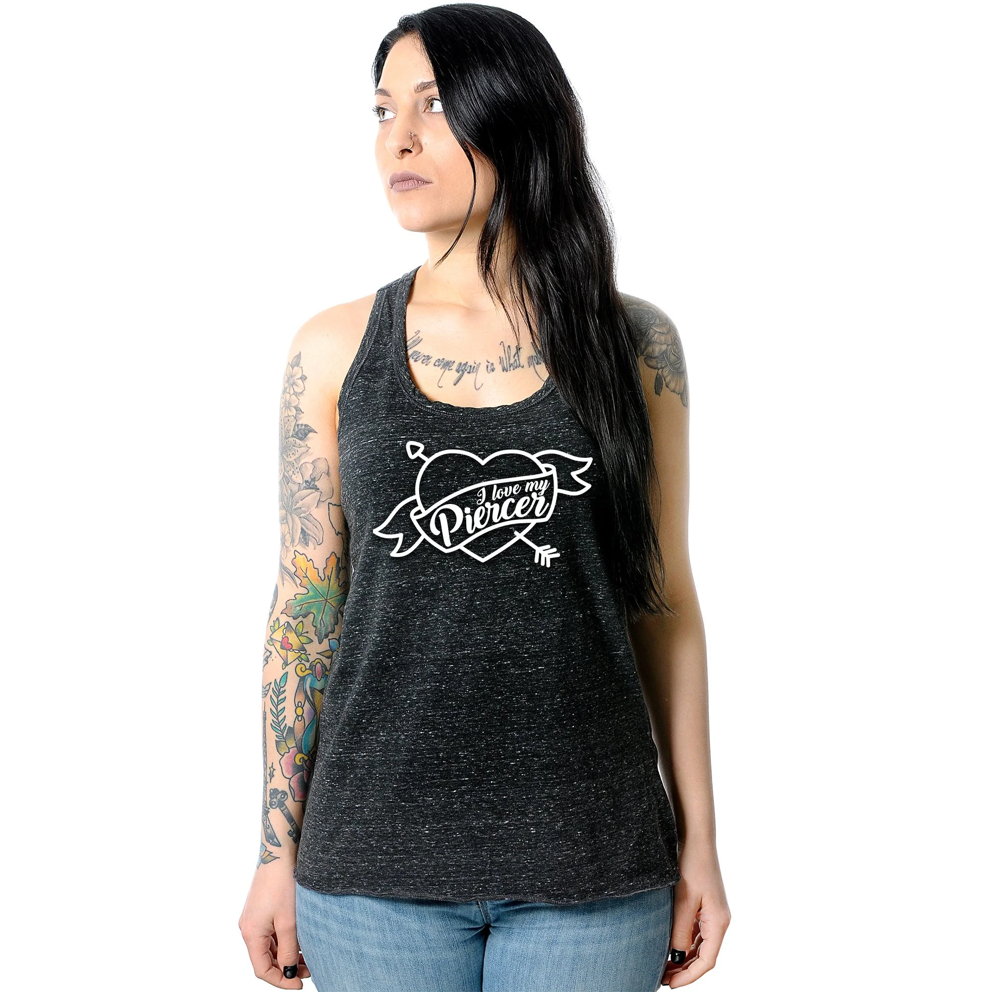I Love My Piercer Black Gray Cosmic Twist Back Tank Top
