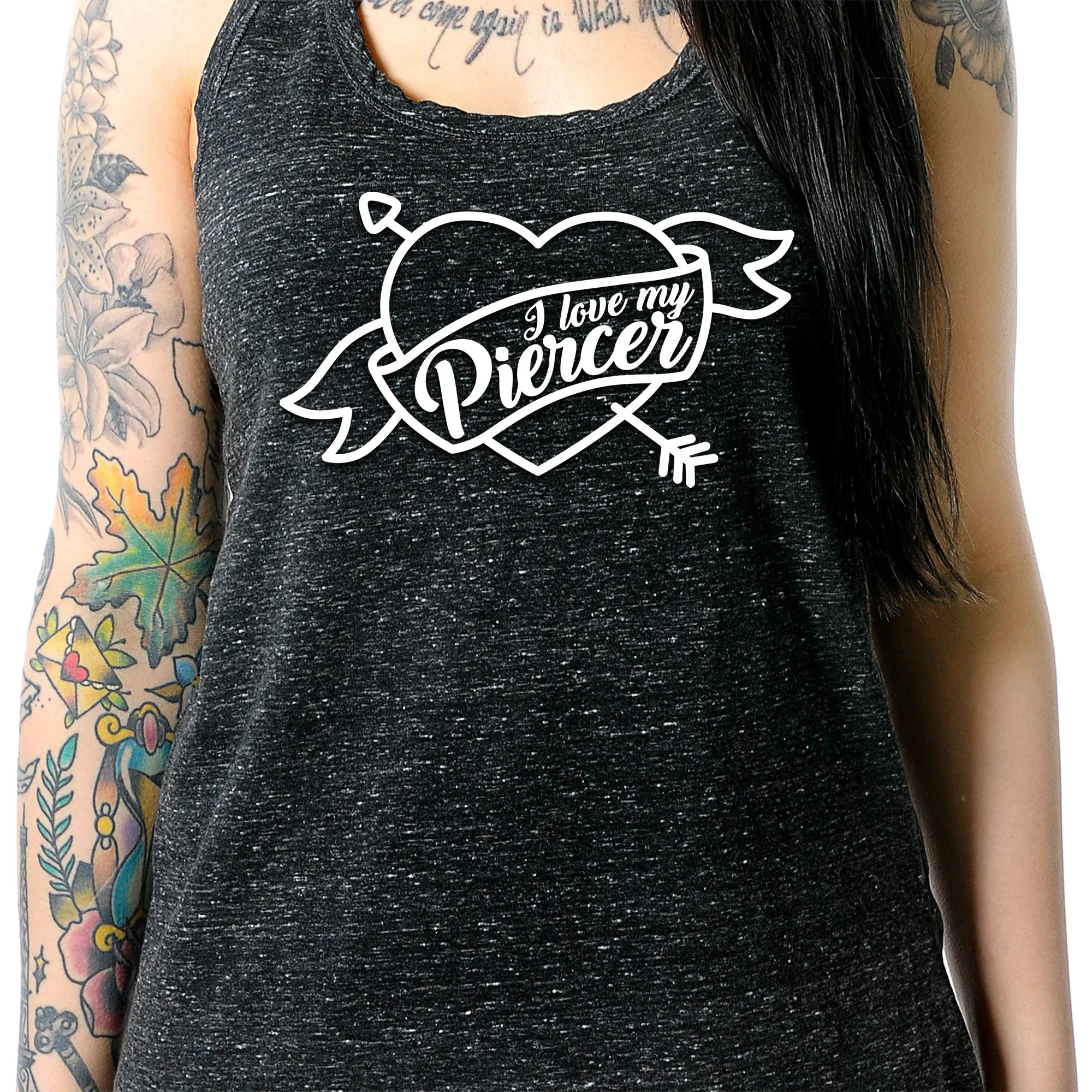 I Love My Piercer Black Gray Cosmic Twist Back Tank Top - Image 3