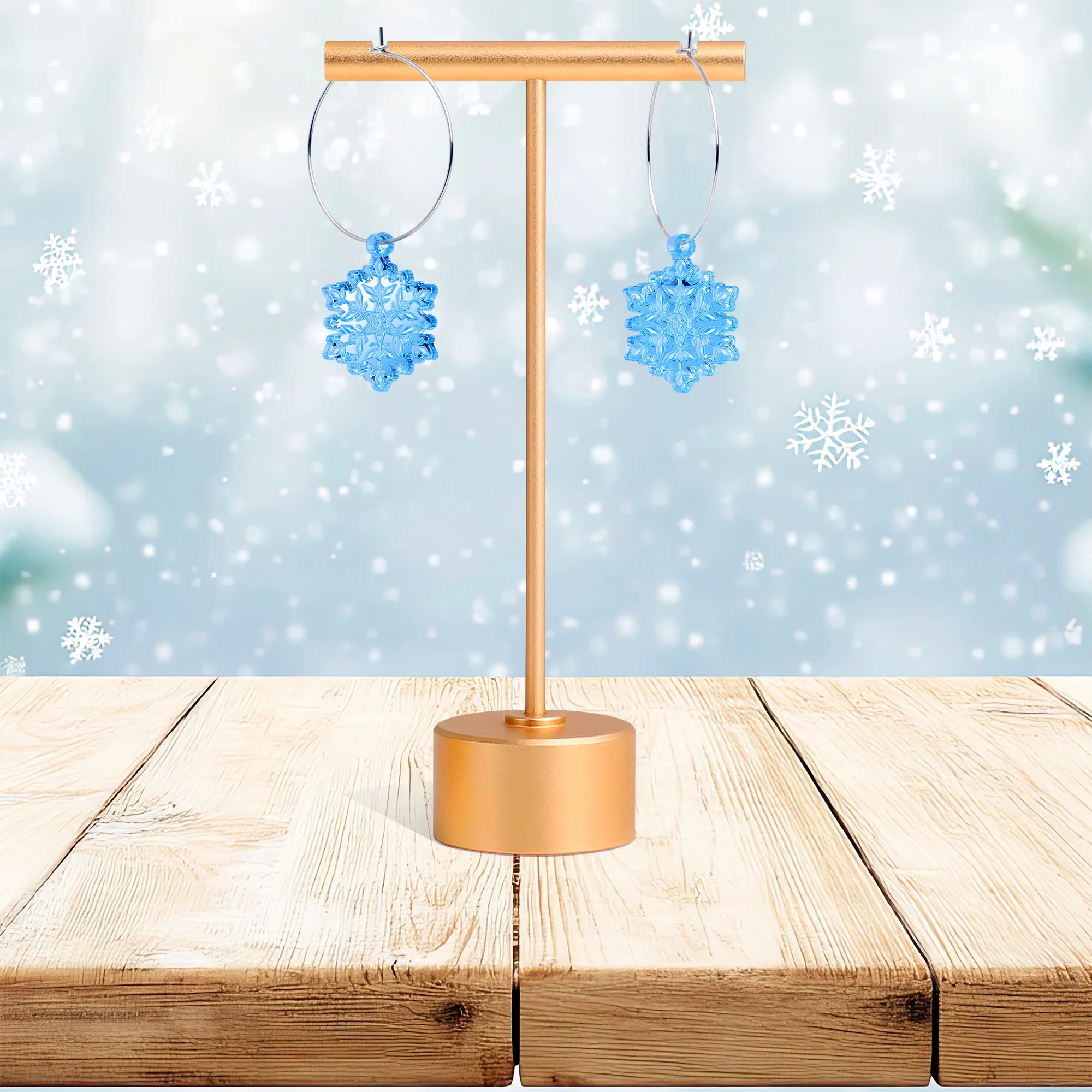 Ice Blue Winter Snowflake Hoop Earrings - Image 6