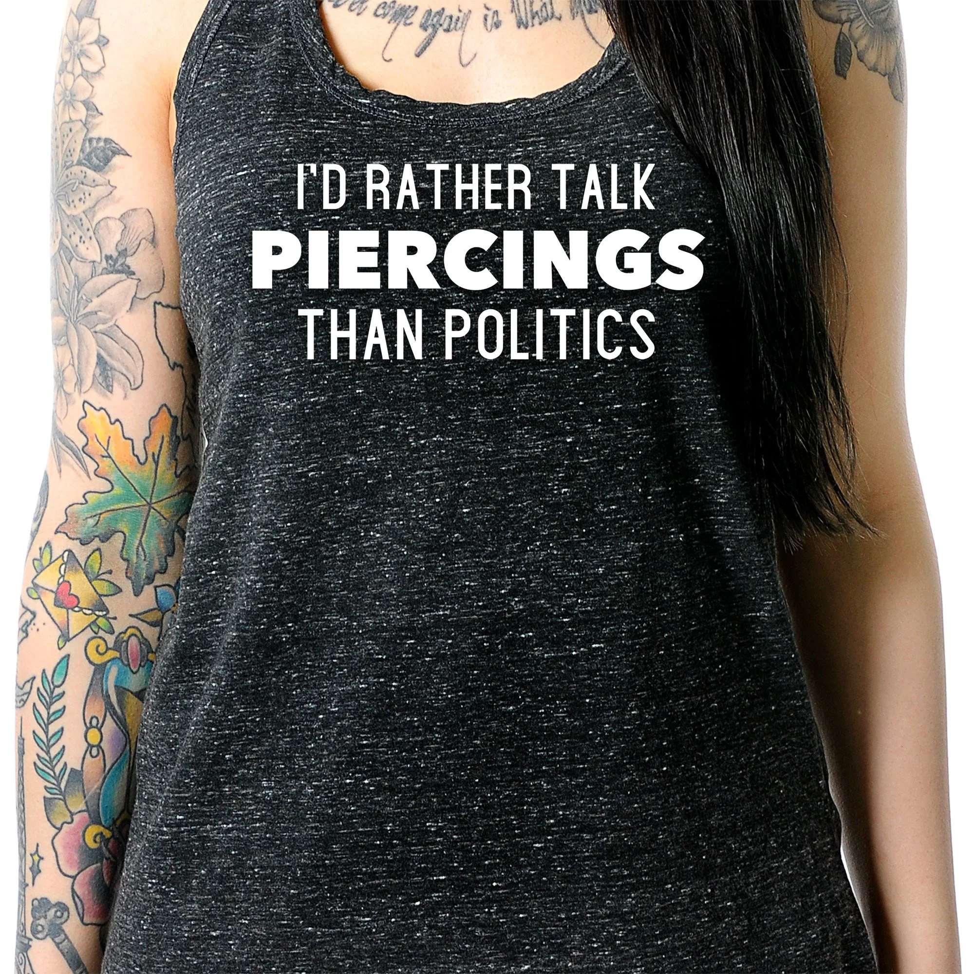 I'd Rather Talk Piercings than Politics Black Gray Cosmic Twist Back Tank Top - Image 3