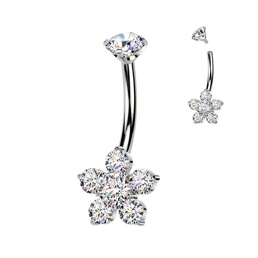 Implant Grade Titanium Internally Threaded CZ Gem Flower Belly Ring - Image 2