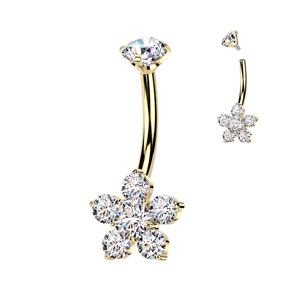 Implant Grade Titanium Internally Threaded CZ Gem Flower Belly Ring - Image 3