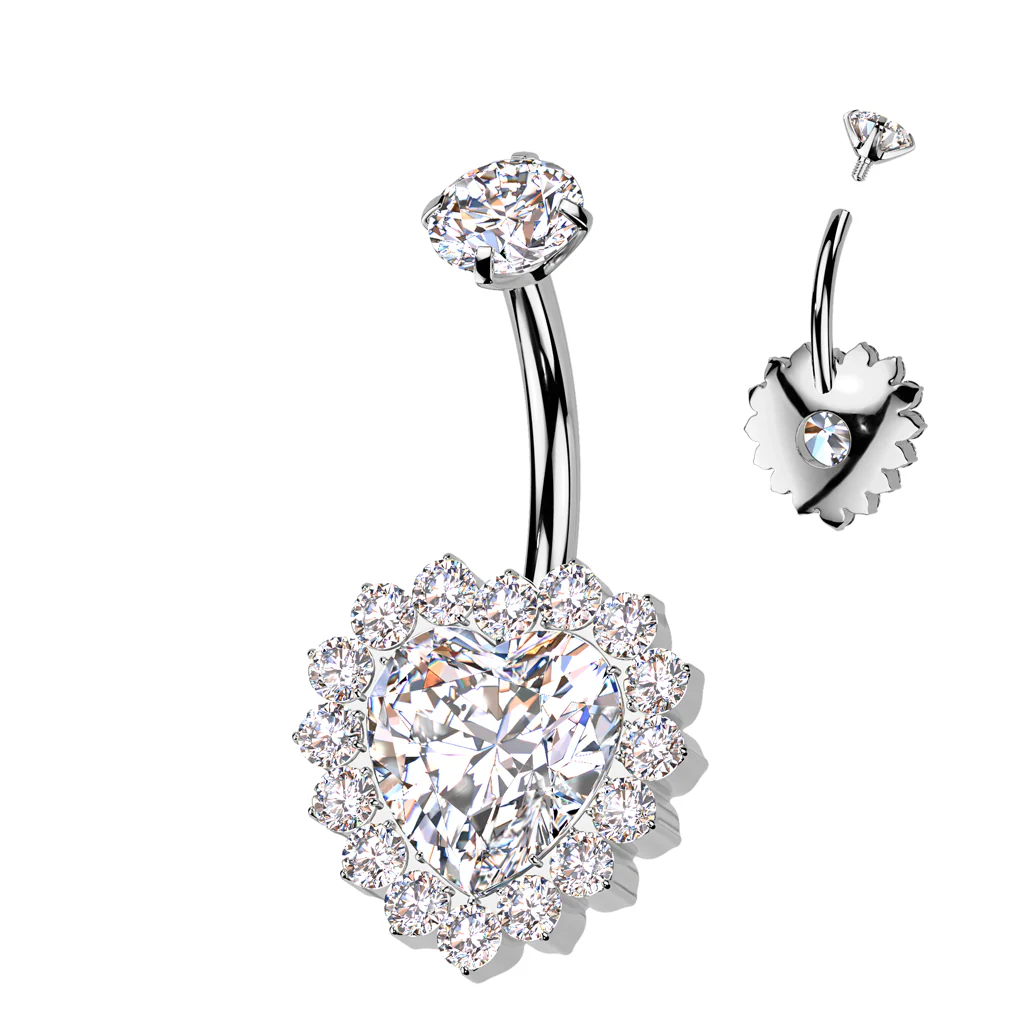 Implant Grade Titanium Internally Threaded CZ Heart Belly Ring - Image 3