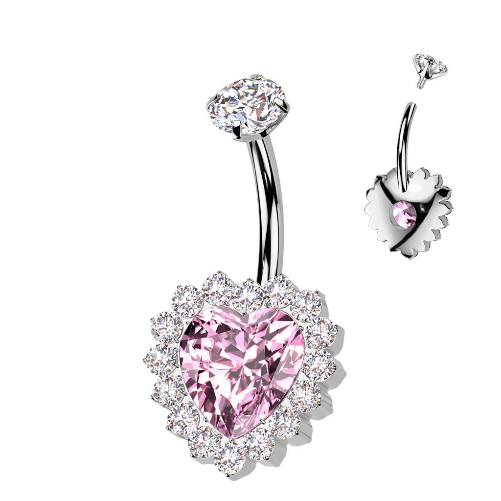 Implant Grade Titanium Internally Threaded CZ Heart Belly Ring - Image 5