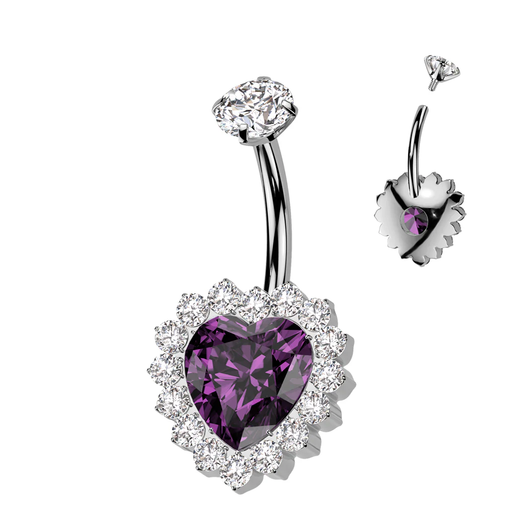 Implant Grade Titanium Internally Threaded CZ Heart Belly Ring - Image 6
