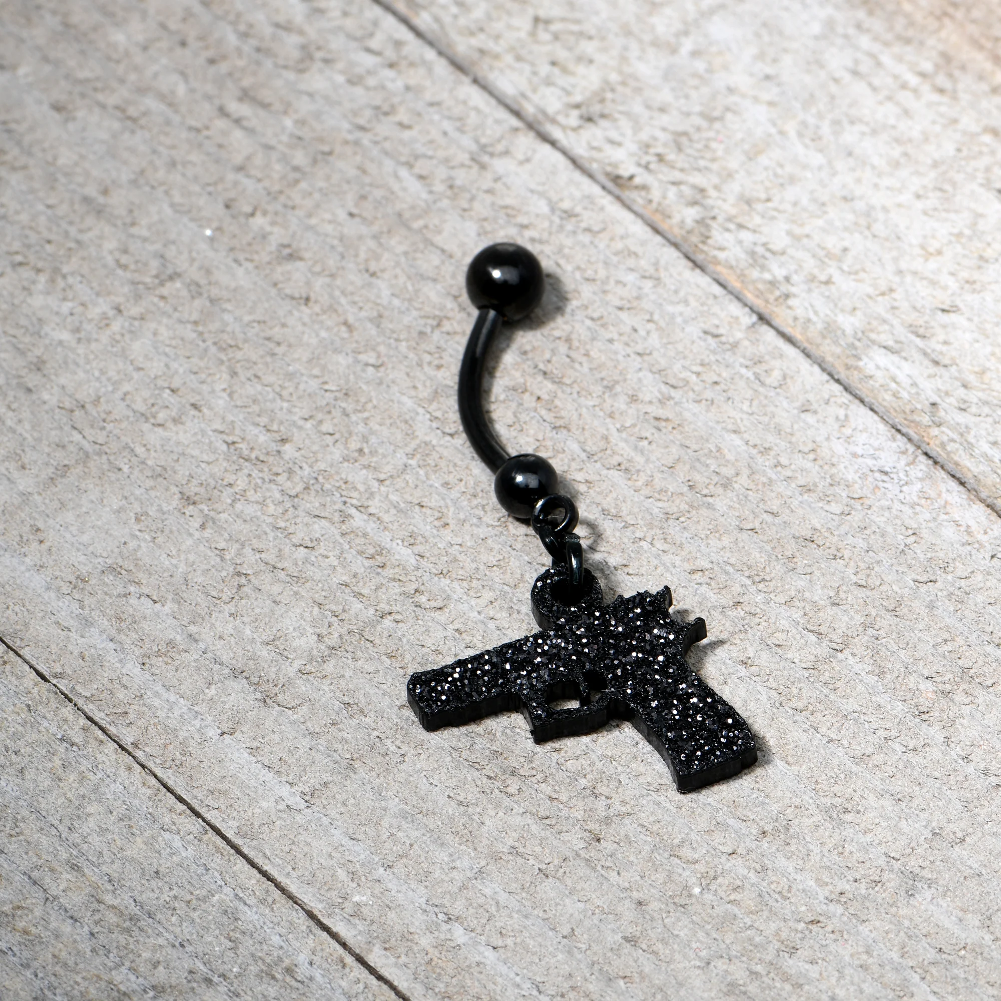 Jet Black Glitter Gun Dangle Belly Ring - Image 11