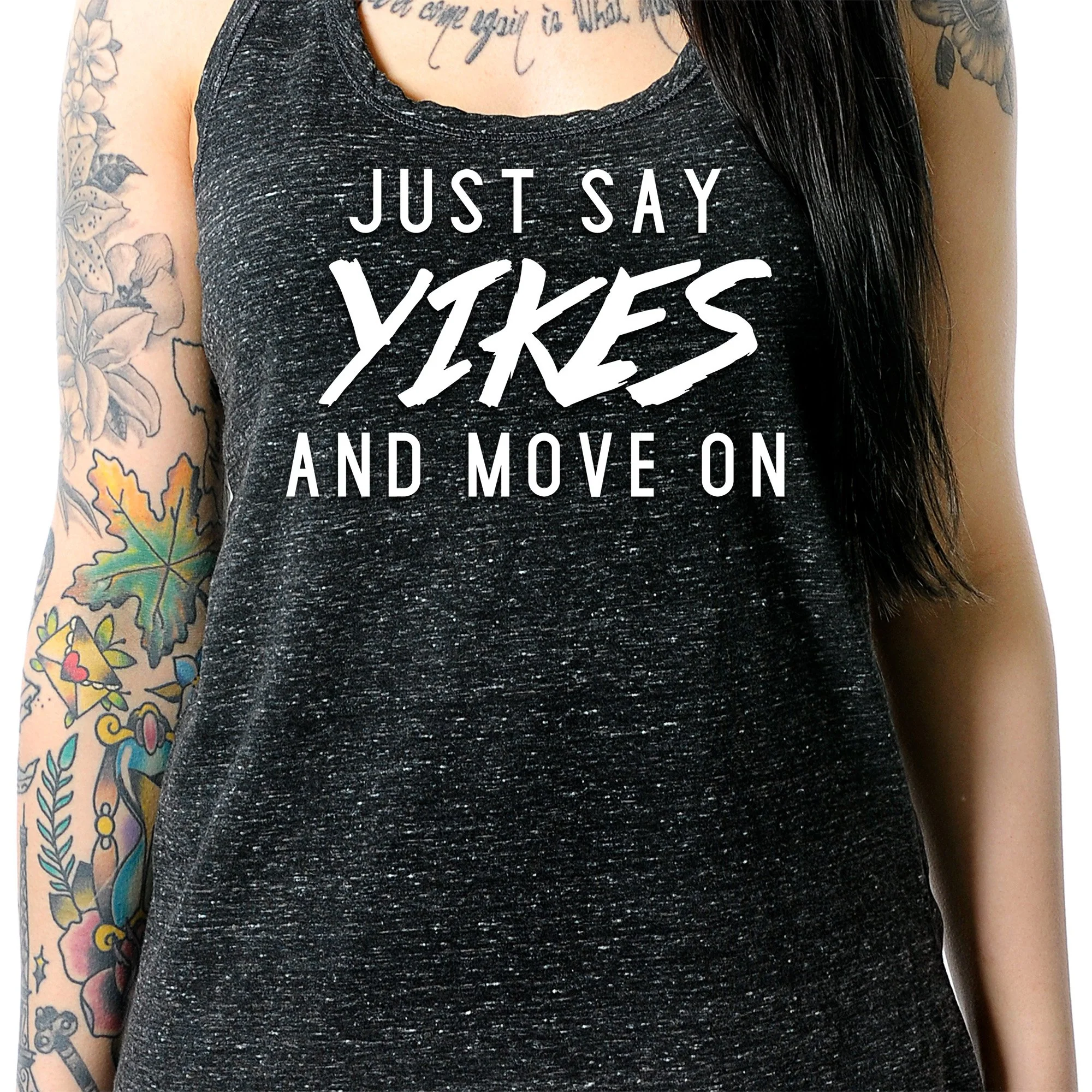 Just Say Yikes and Move On Black Gray Cosmic Twist Back Tank Top - Image 3