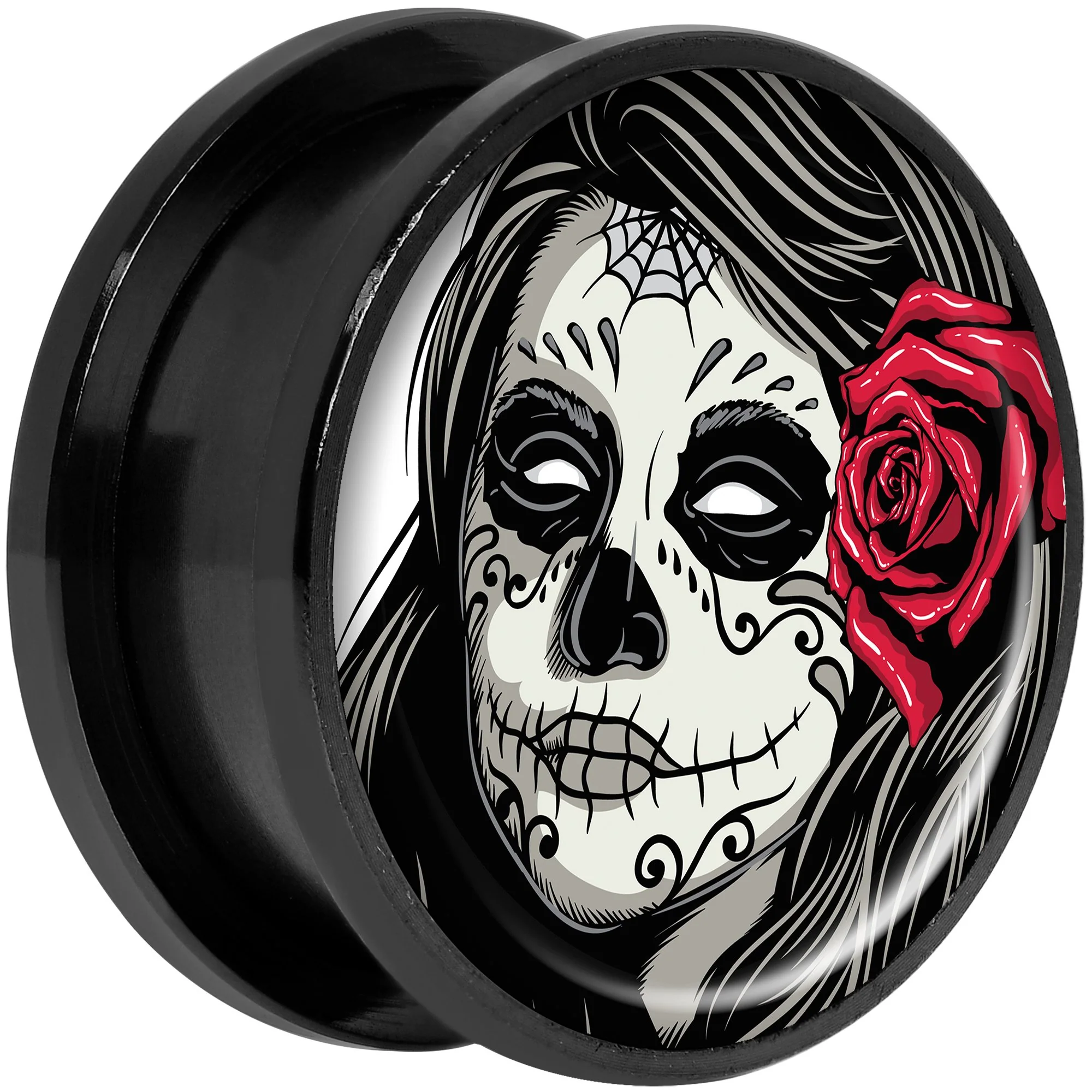 Katrina Sugar Skull with Rose Flower Black Anodized Screw Fit Plug Set 20mm - Image 2