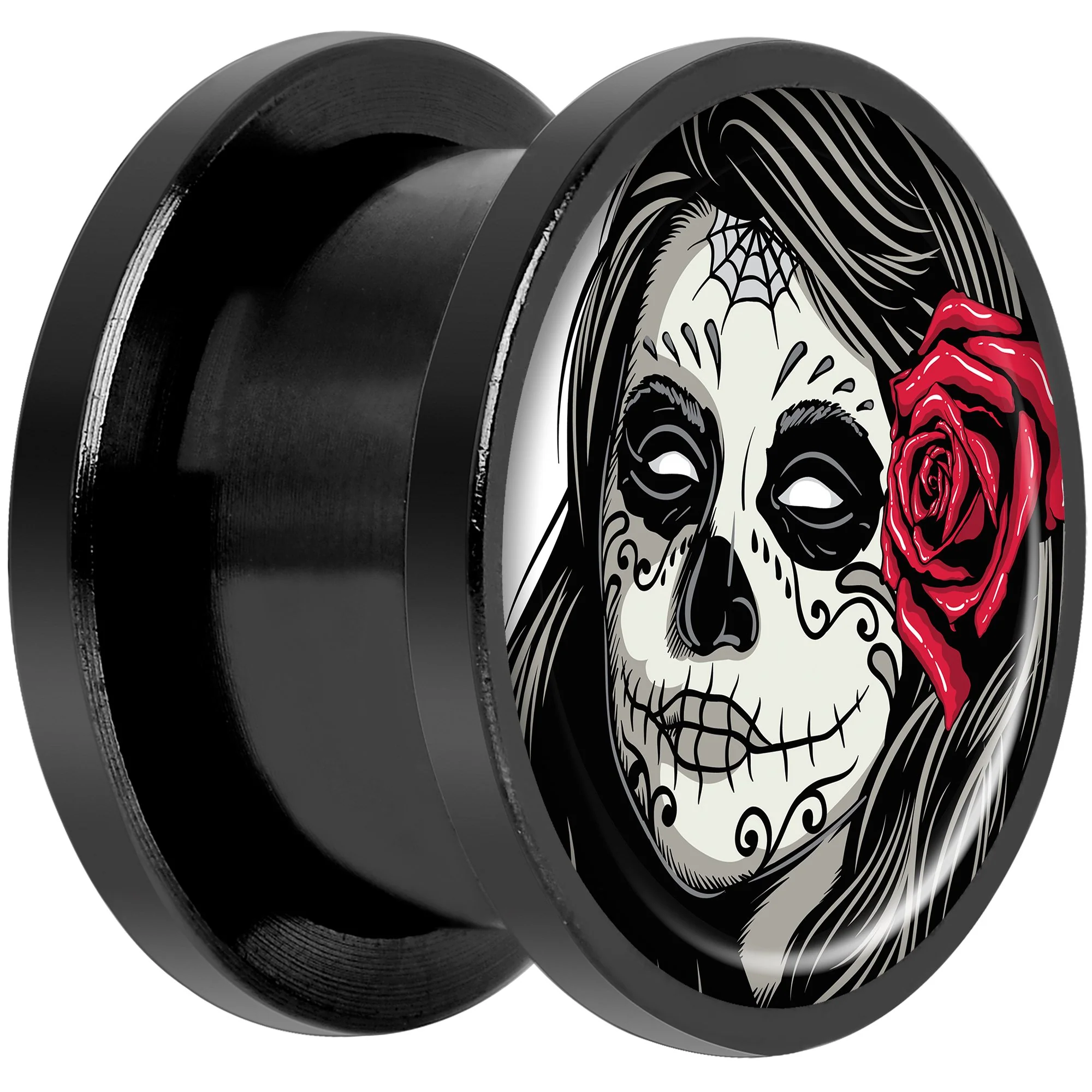 Katrina Sugar Skull with Rose Flower Black Anodized Screw Fit Plug Set 9/16 - Image 2