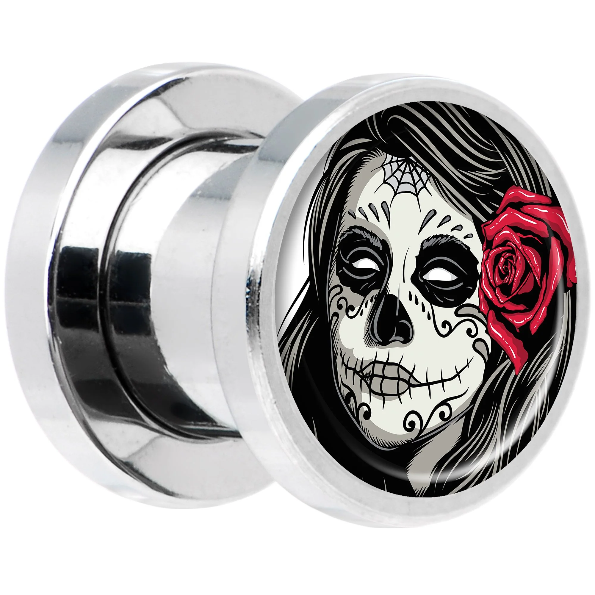 Katrina Sugar Skull with Rose Flower Steel Screw Fit Plug Set 0G - Image 2