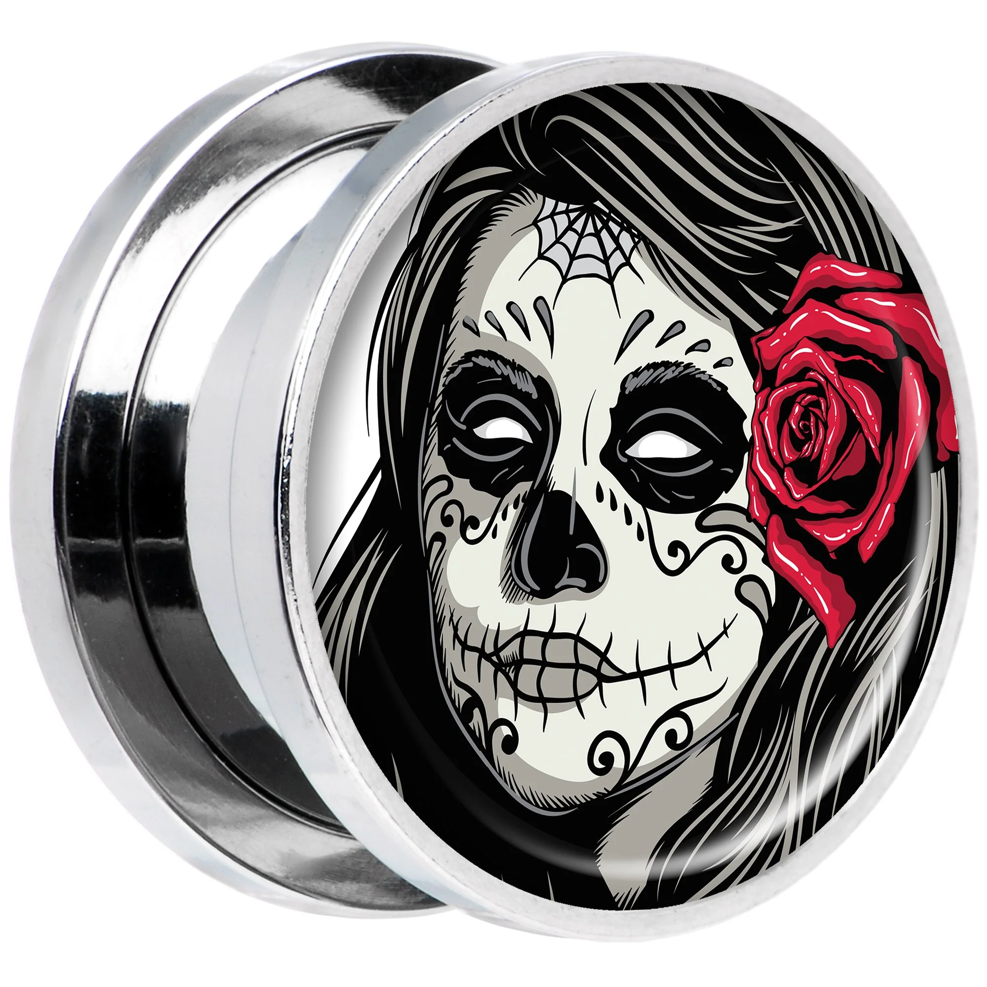 Katrina Sugar Skull with Rose Flower Steel Screw Fit Plug Set 5/8 - Image 2