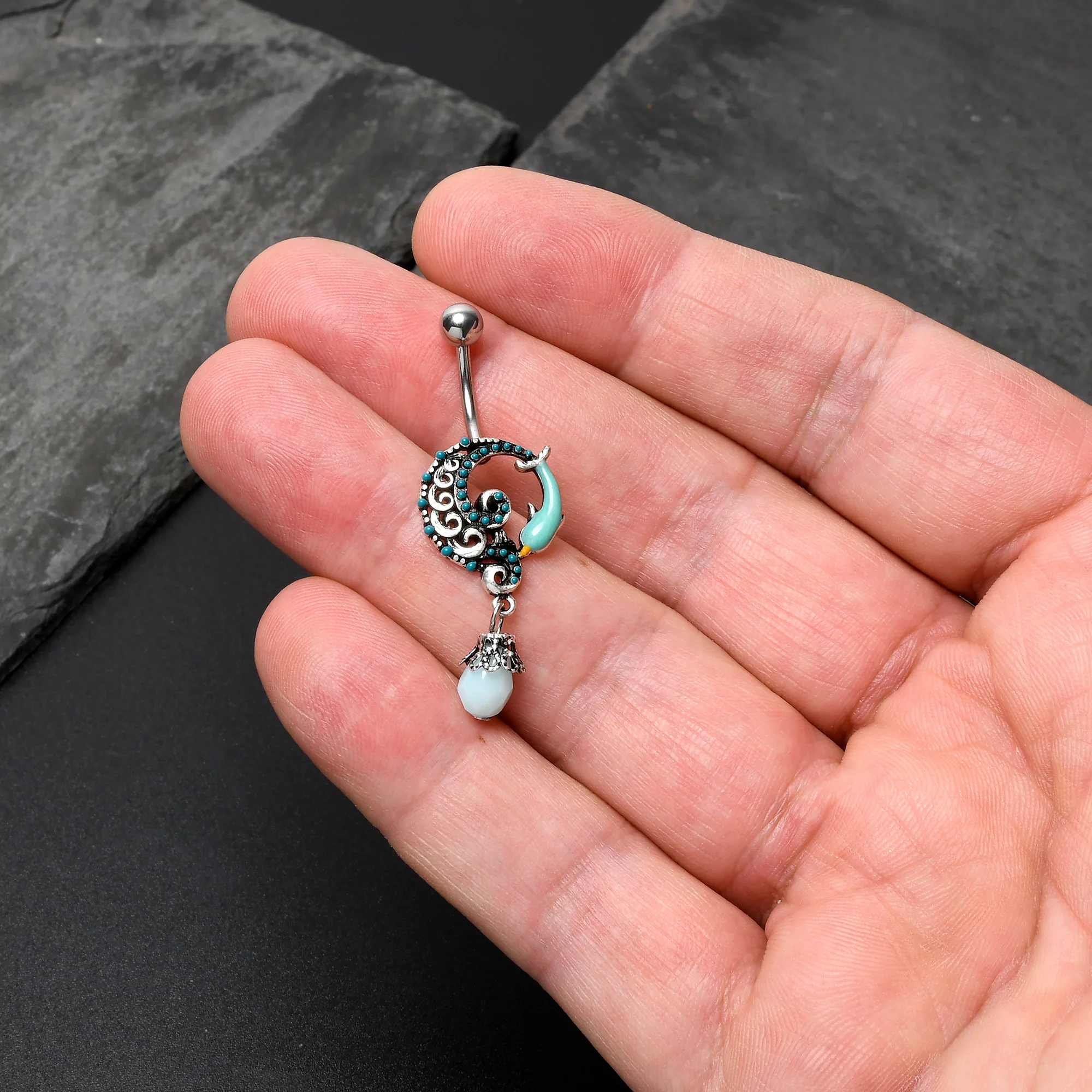 Leaping Blue Dolphin Bauble Dangle Belly Ring - Image 4