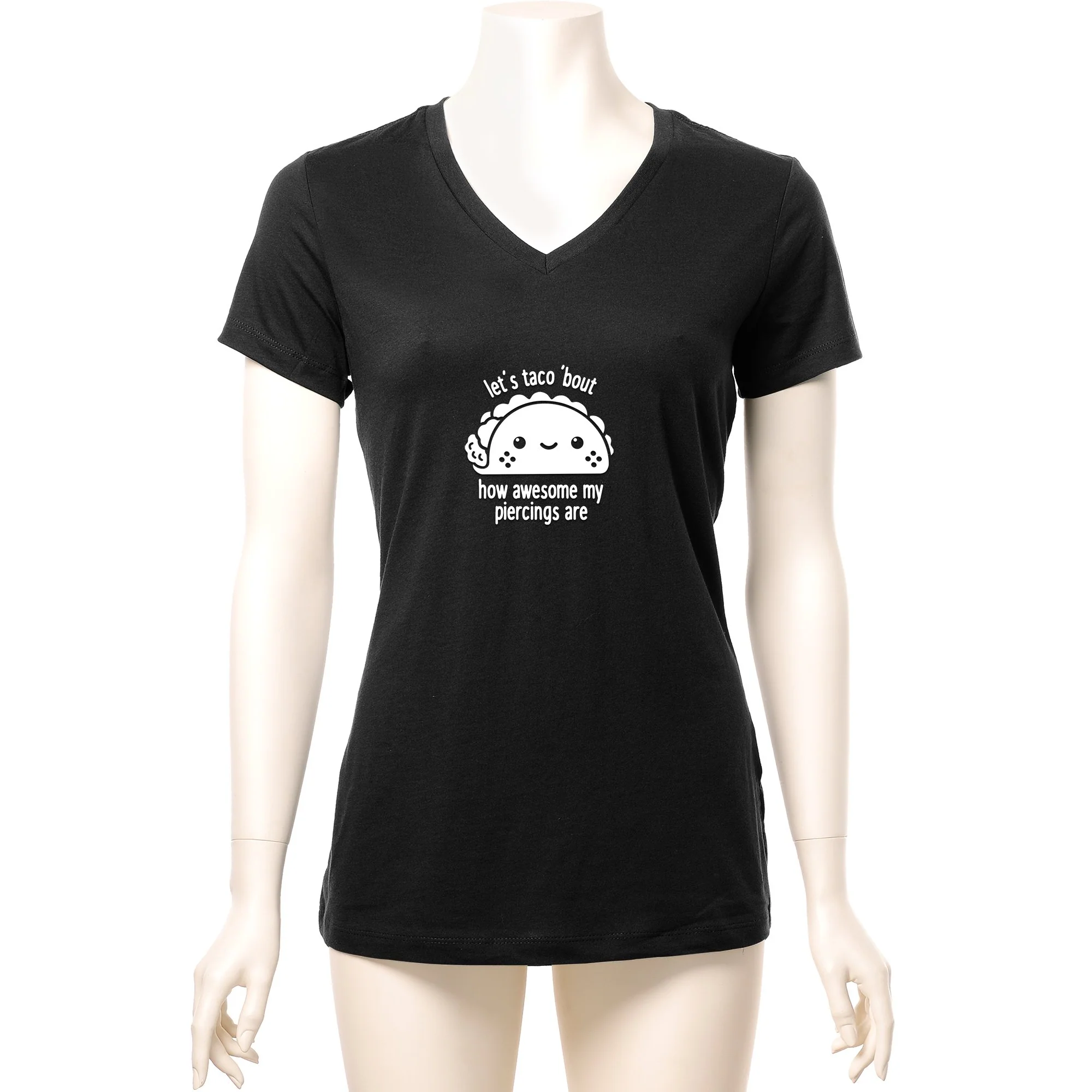 Let's Taco 'bout My Piercings Black Tapered V-Neck Tee Shirt - Image 4