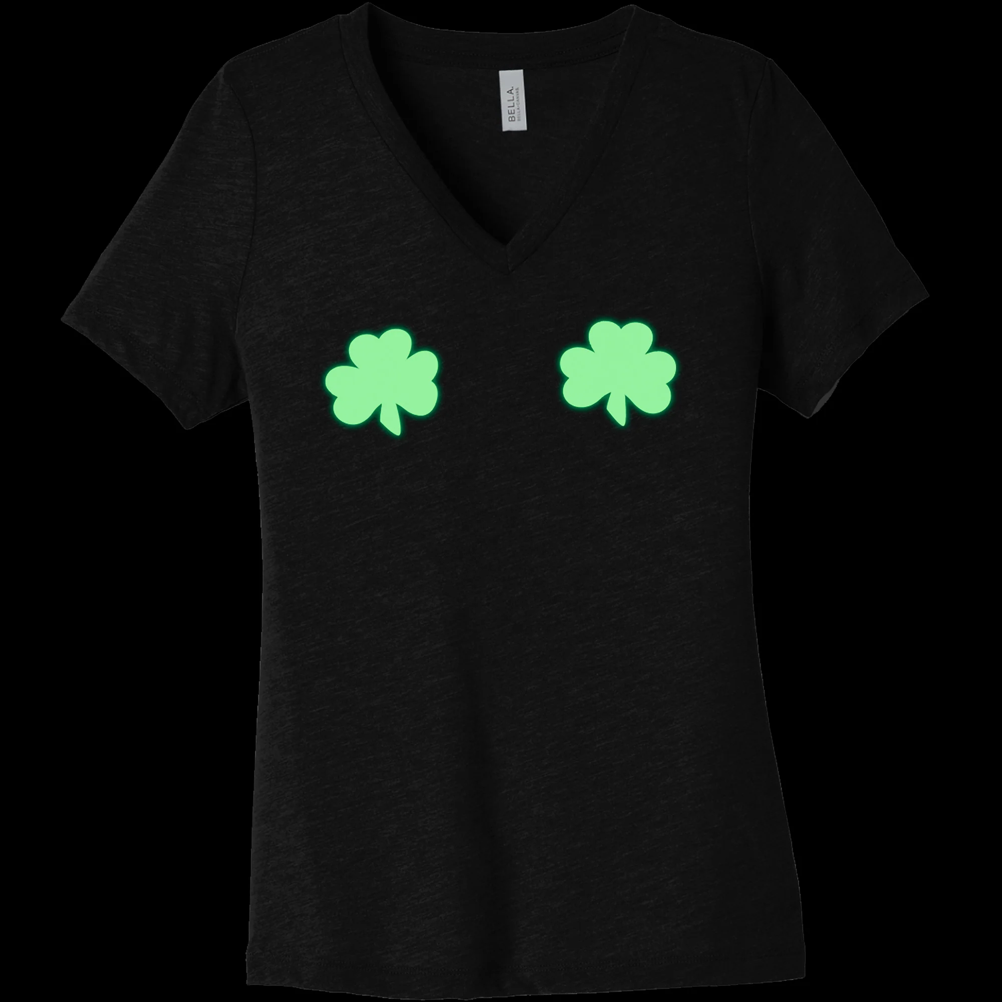 Lucky Glow in the Dark Shamrocks Black V-Neck Boobies Tee Shirt - Image 11