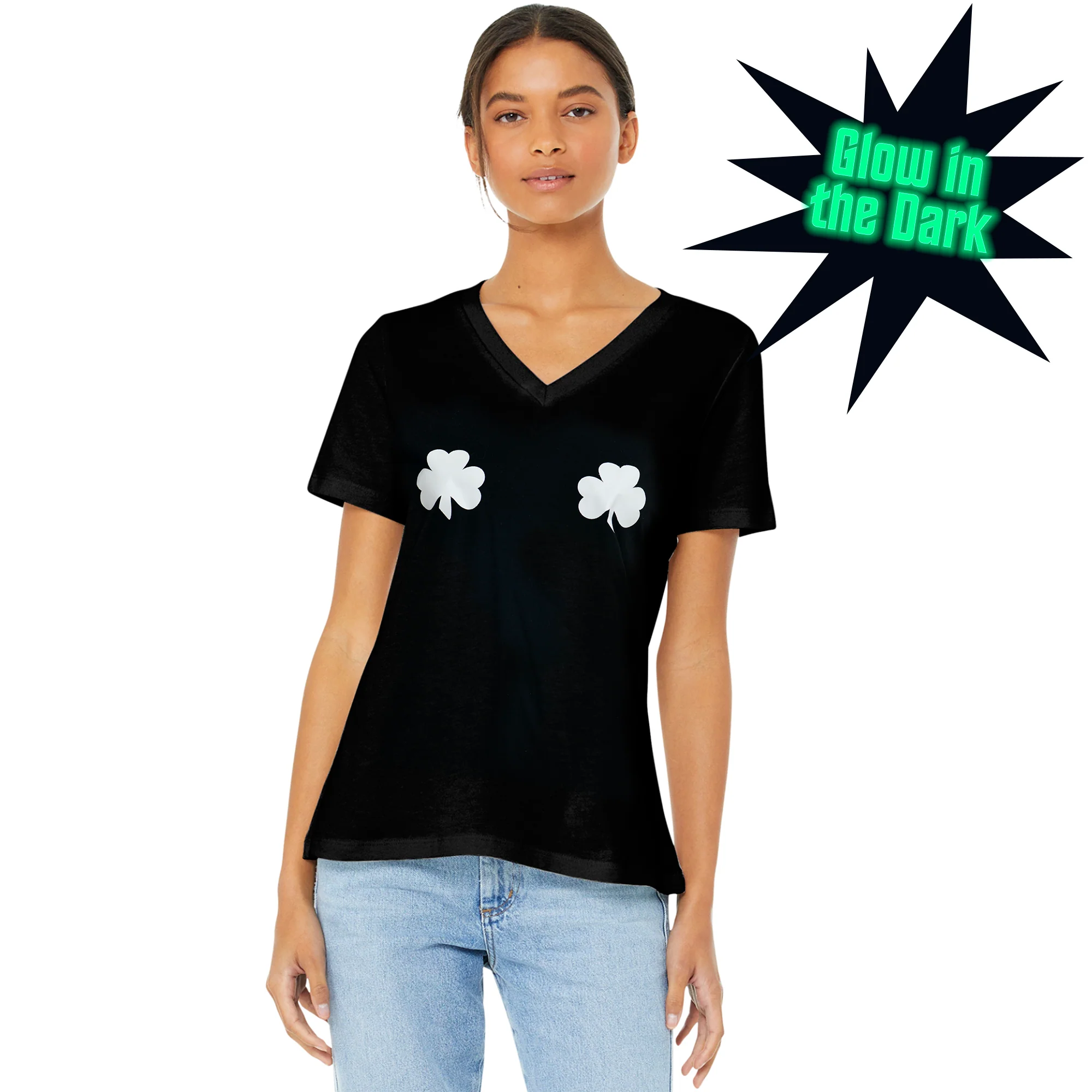 Lucky Glow in the Dark Shamrocks Black V-Neck Boobies Tee Shirt - Image 2