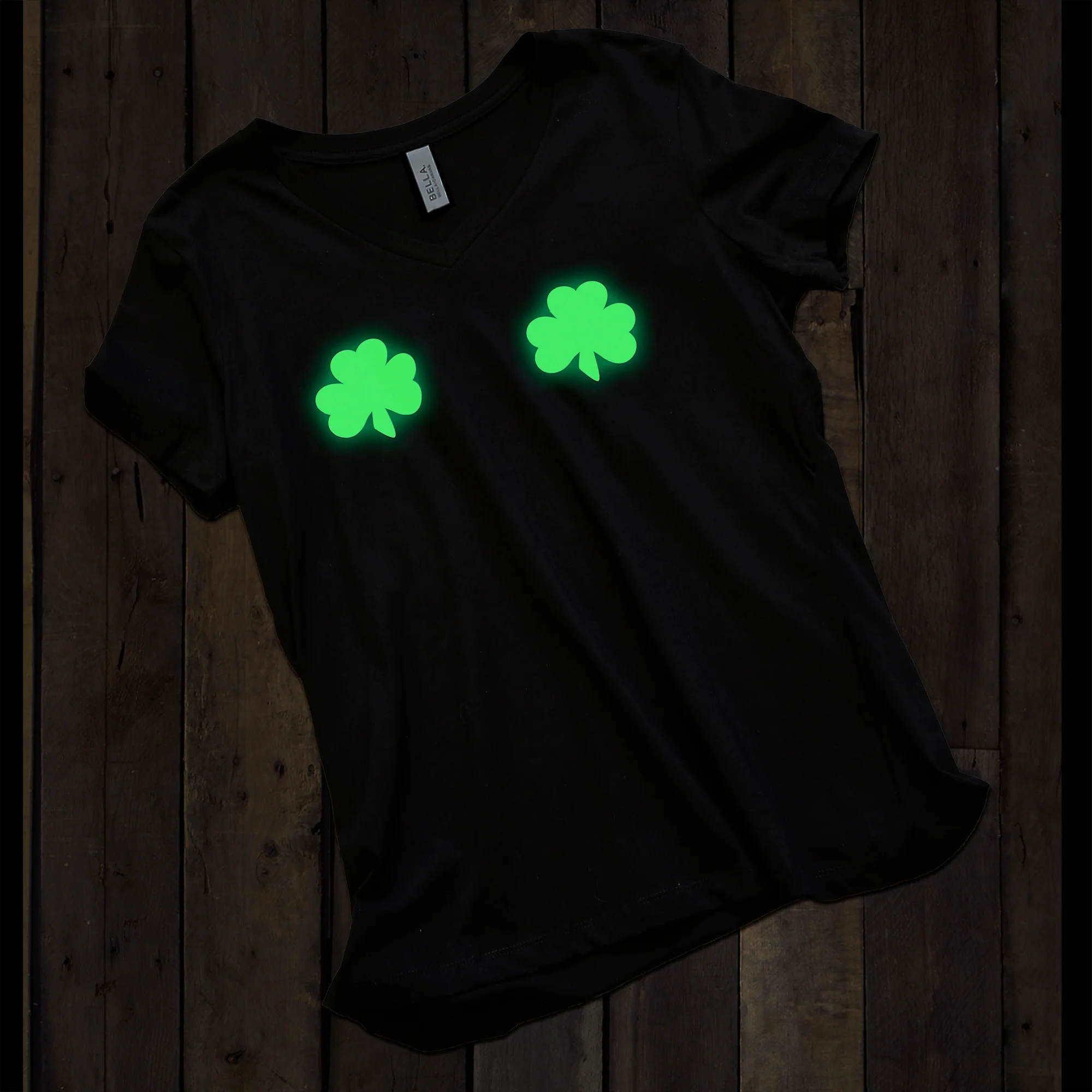 Lucky Glow in the Dark Shamrocks Black V-Neck Boobies Tee Shirt - Image 3