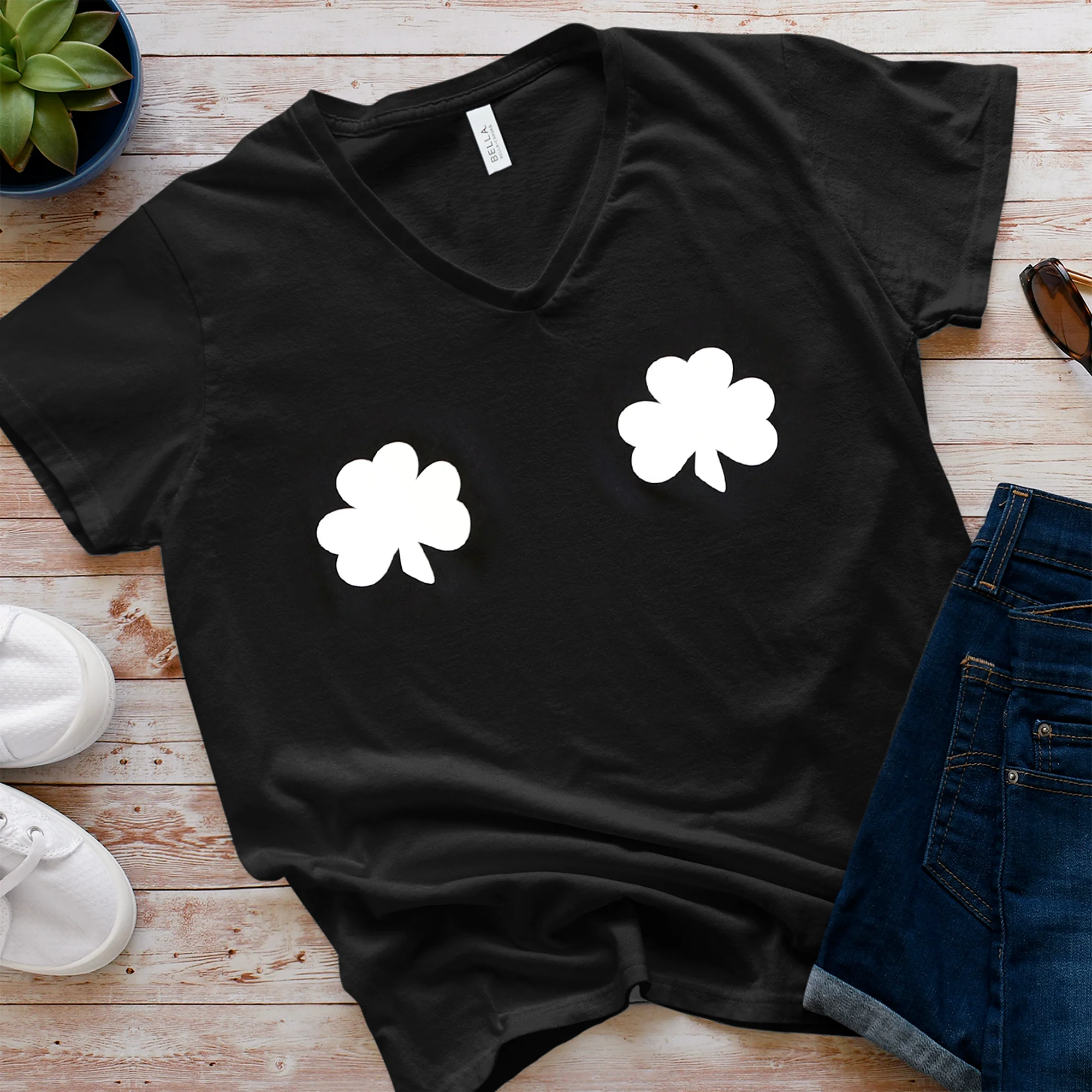 Lucky Glow in the Dark Shamrocks Black V-Neck Boobies Tee Shirt - Image 4