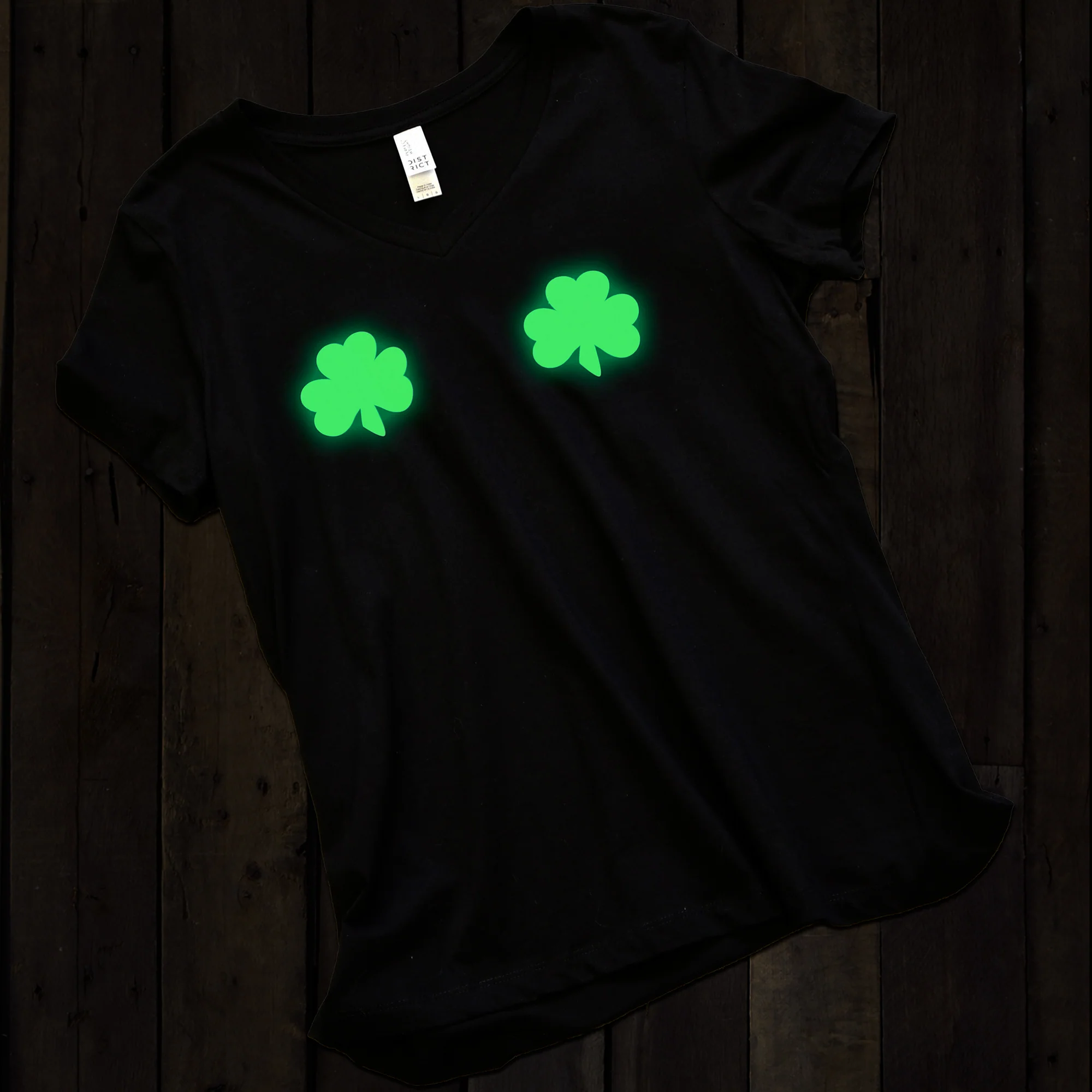 Lucky Glow in the Dark Shamrocks Black V-Neck Boobies Tee Shirt - Image 7