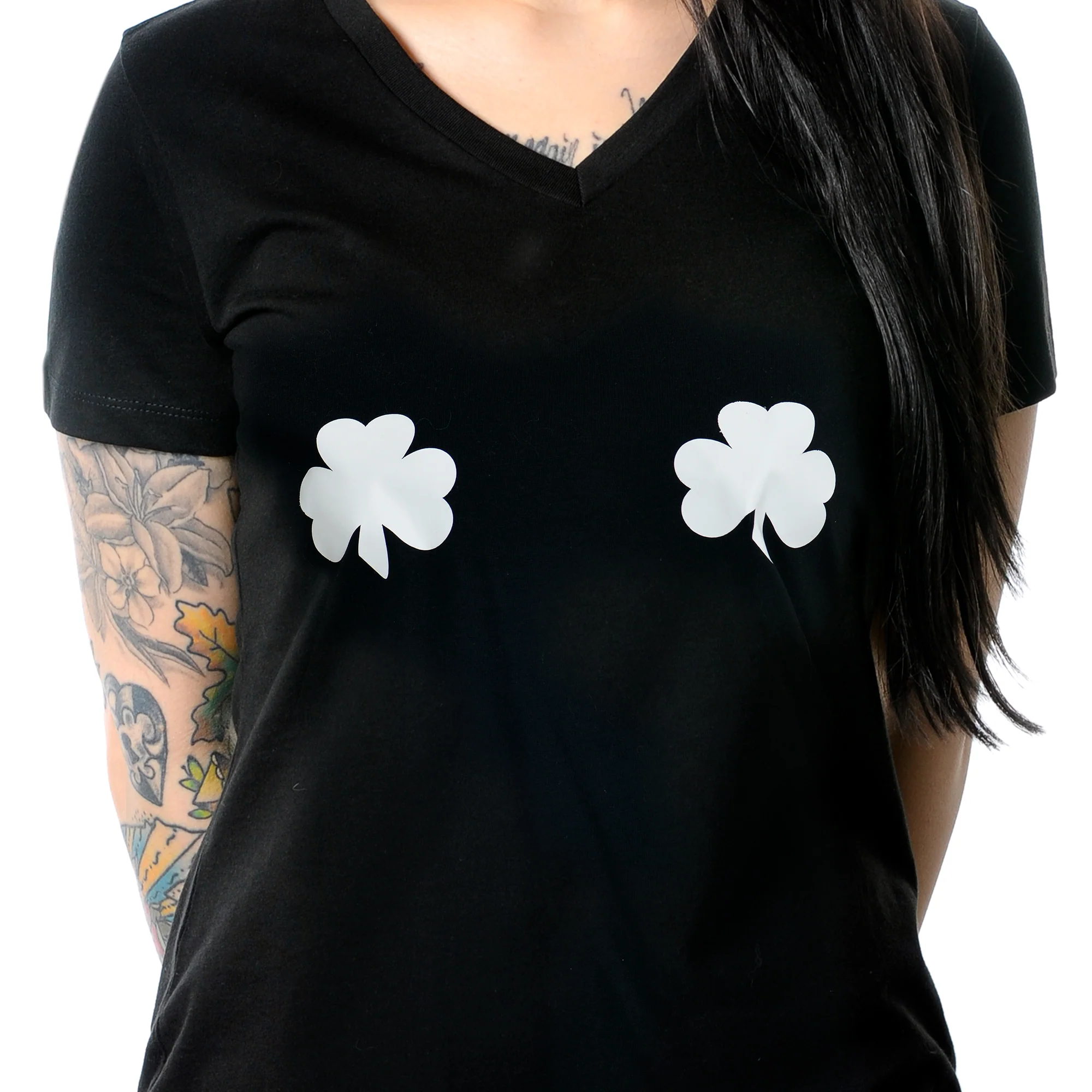 Lucky Glow in the Dark Shamrocks Black V-Neck Boobies Tee Shirt - Image 8
