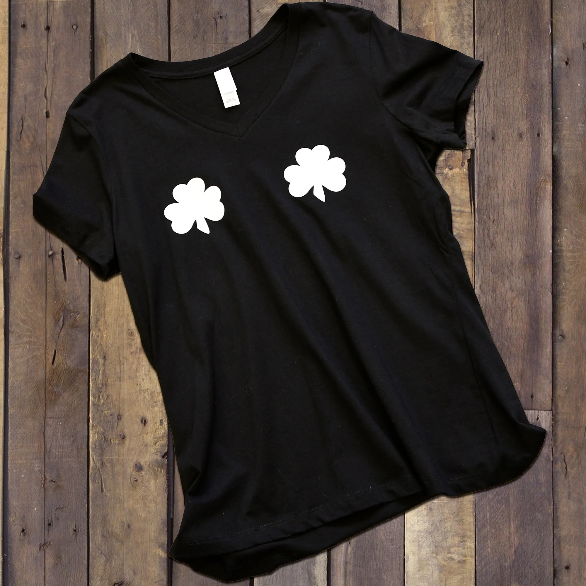 Lucky Glow in the Dark Shamrocks Black V-Neck Boobies Tee Shirt - Image 9
