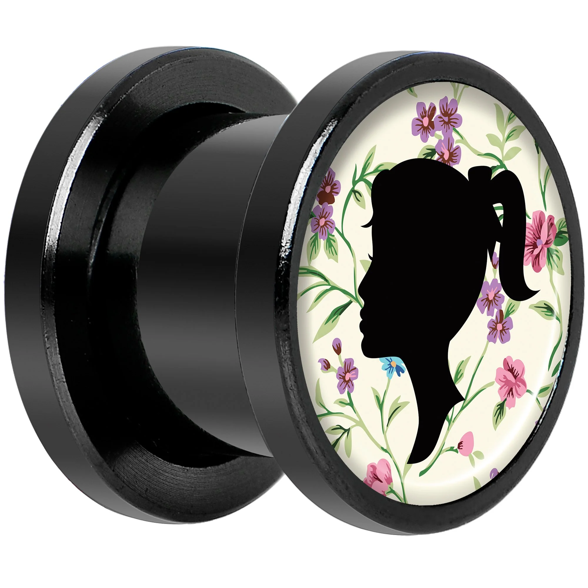 Man Woman Floral Silhouette Black Anodized Screw Fit Plug Set 00G - Image 2