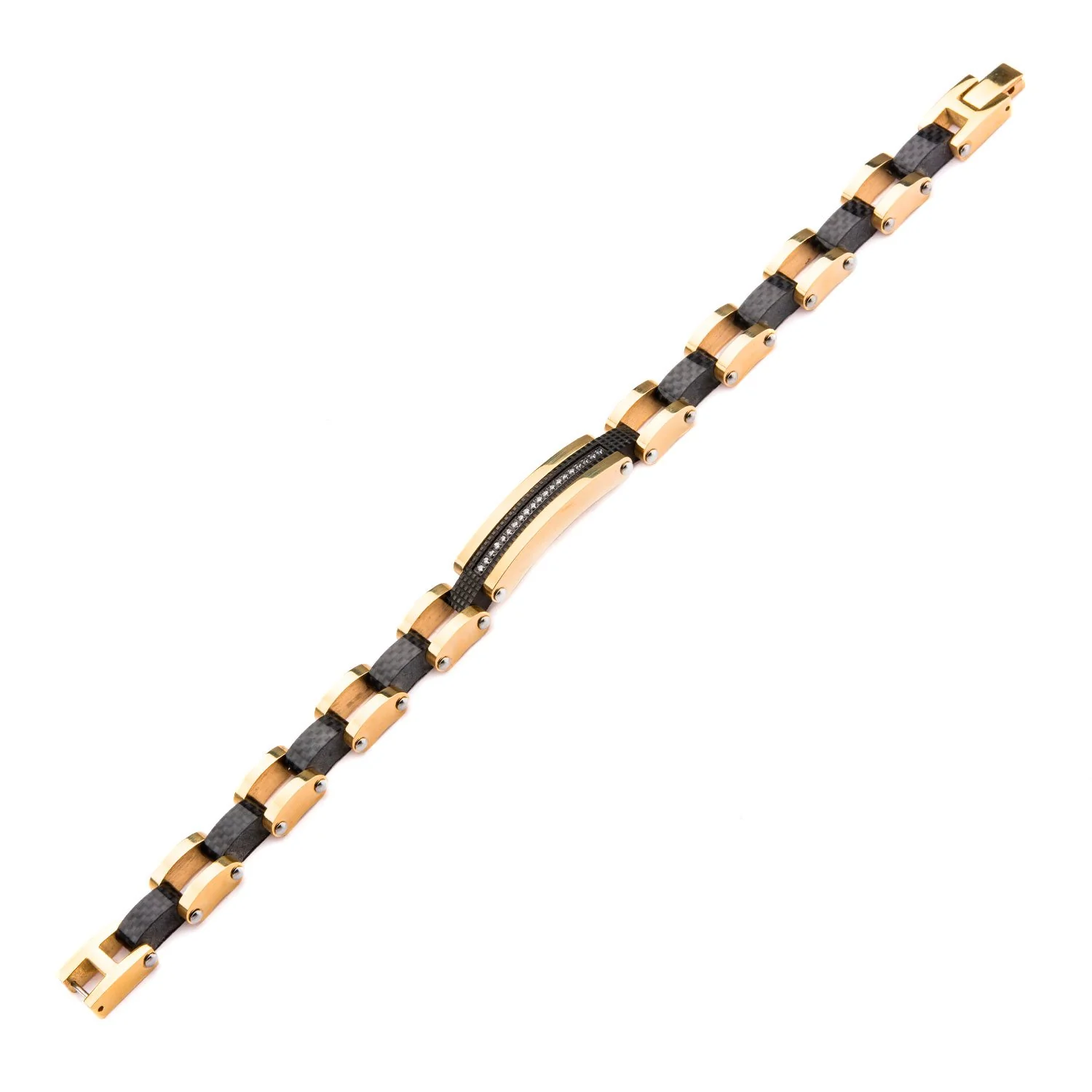 Mens Stainless Steel Gold IP with Clear CZ Gem ID Link Bracelet