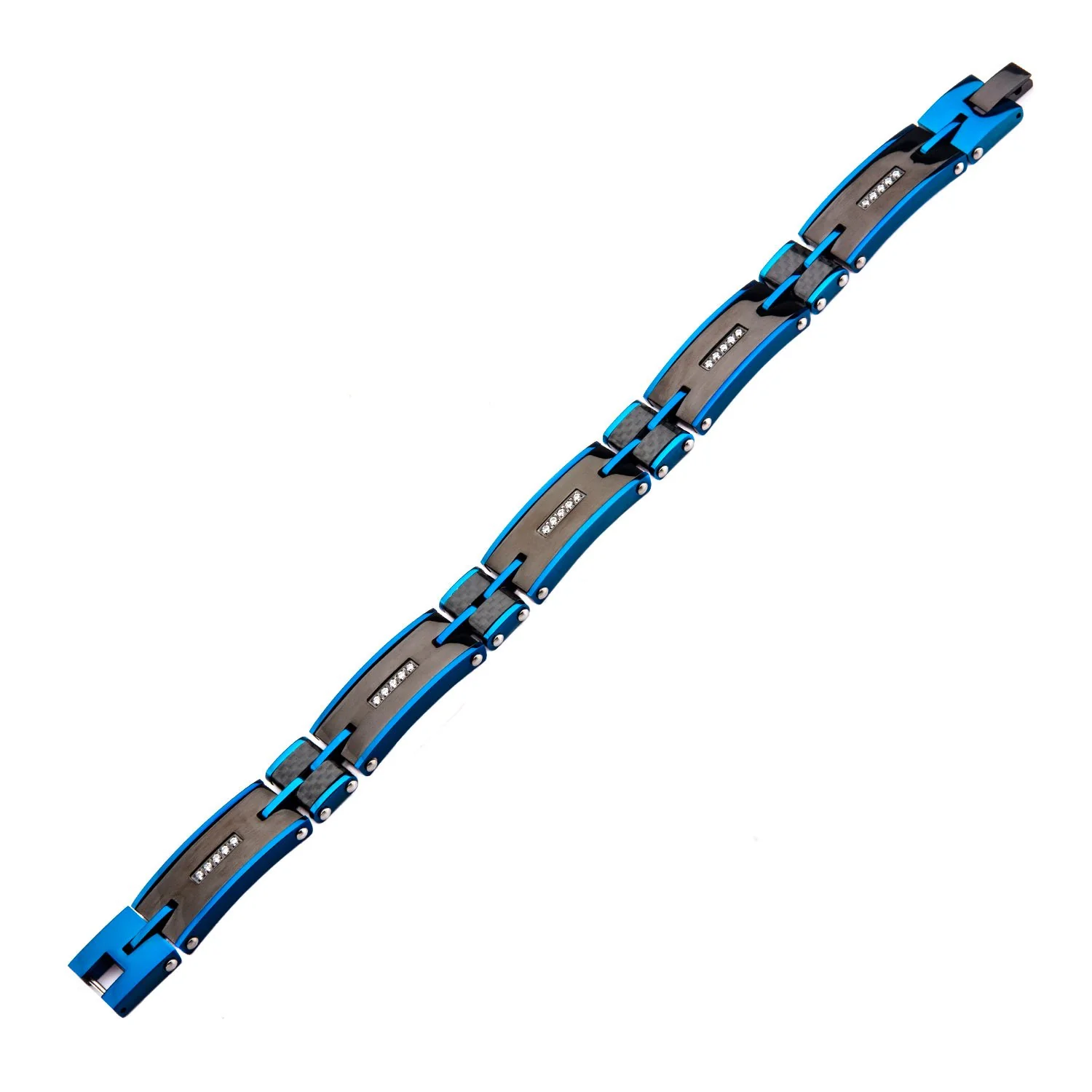 Mens Stainless Steel Solid Carbon Graphite and Blue IP with Clear CZ Gem Link Bracelet