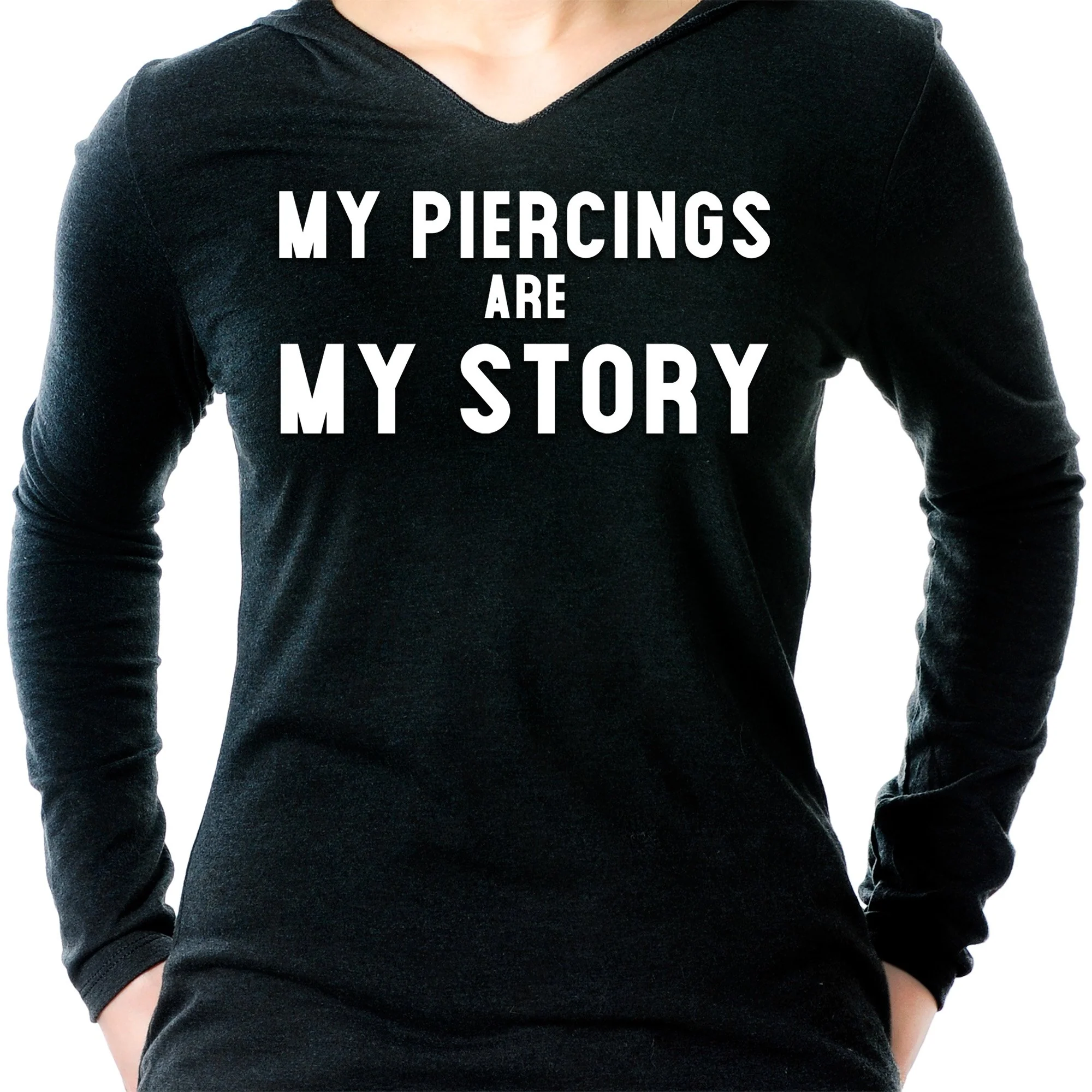 My Piercings Are My Story Black Tapered Long Sleeve Hoodie - Image 3