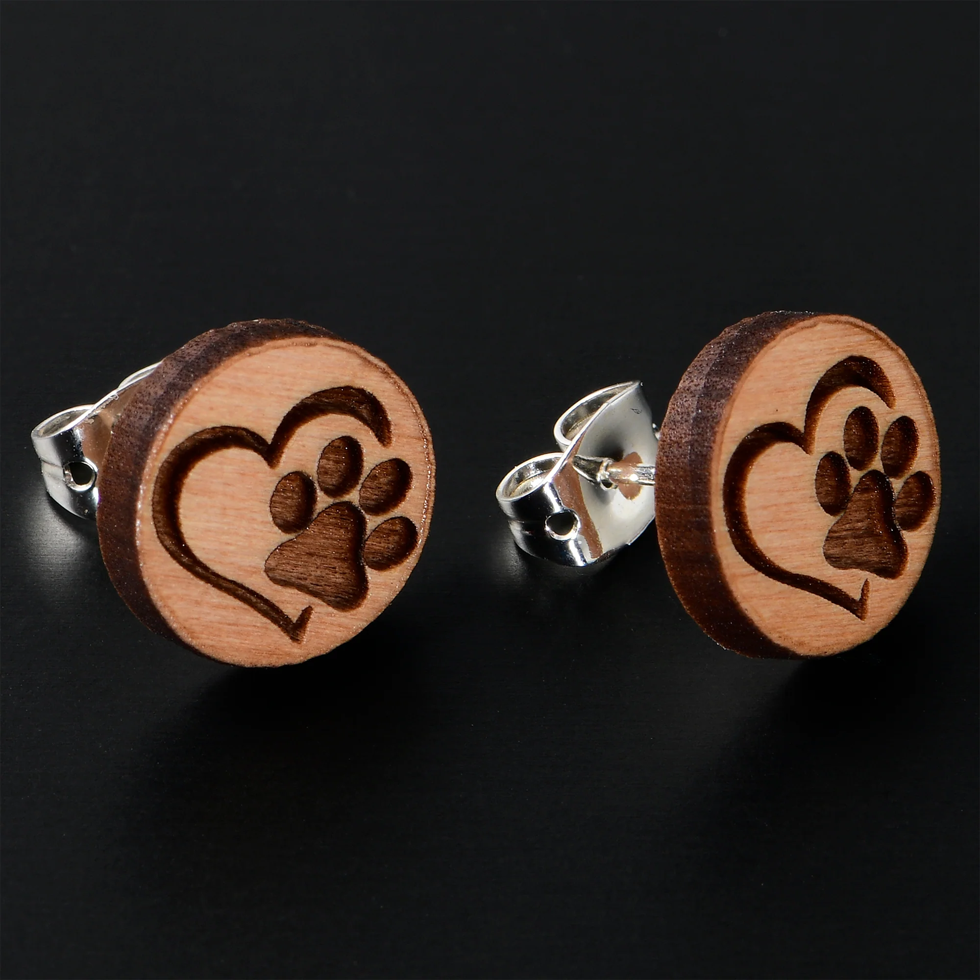 Natural Maple Wood Heart Paw Print Stud Earrings - Image 2