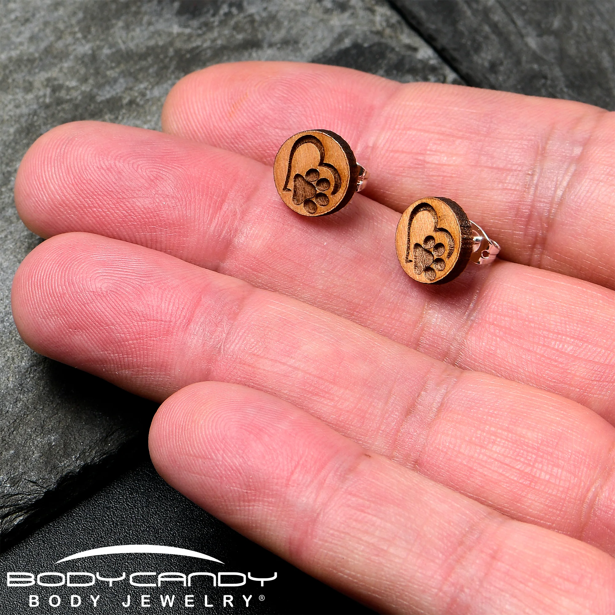 Natural Maple Wood Heart Paw Print Stud Earrings - Image 4