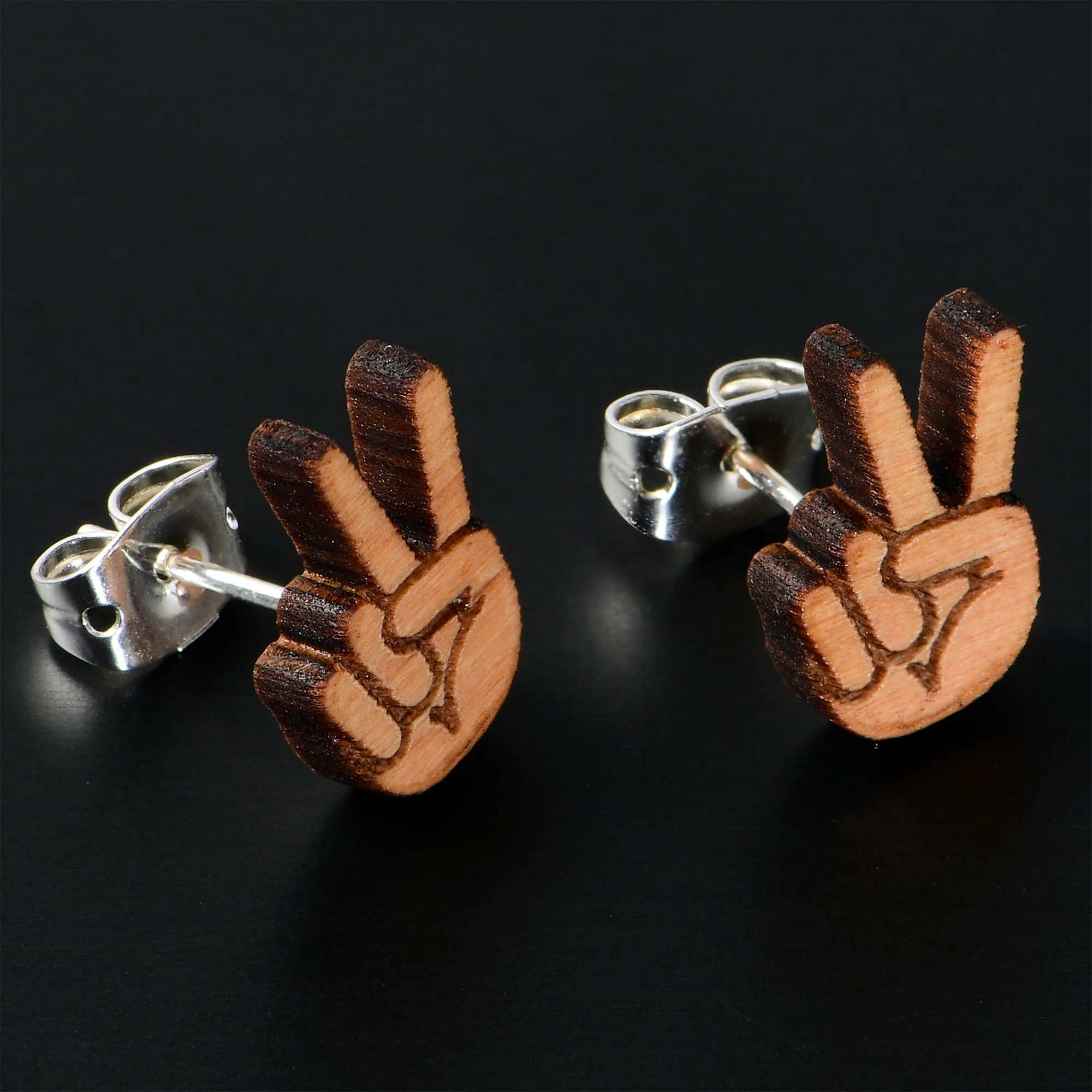 Natural Maple Wood Peace Sign Fingers Stud Earrings - Image 2